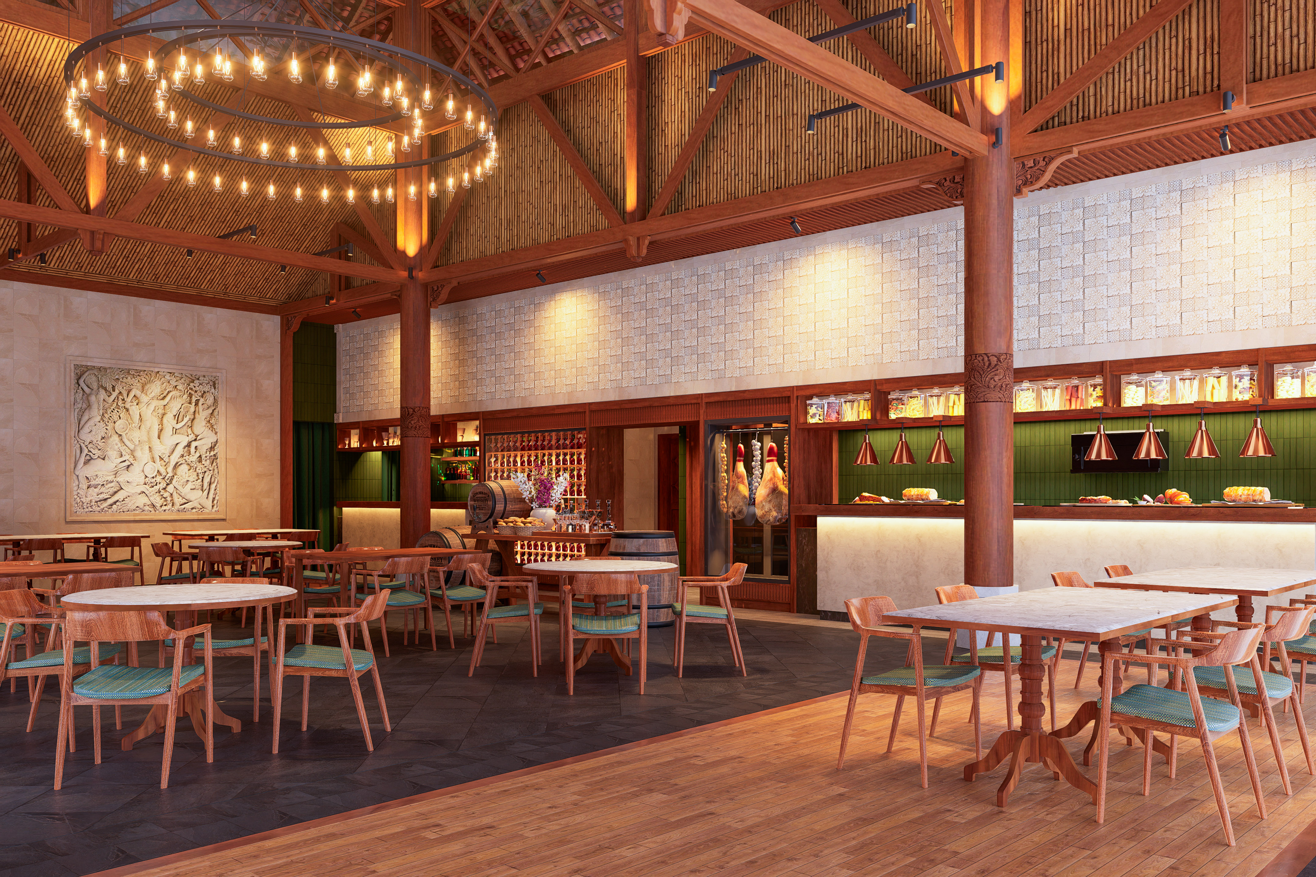 a room with tables and chairs