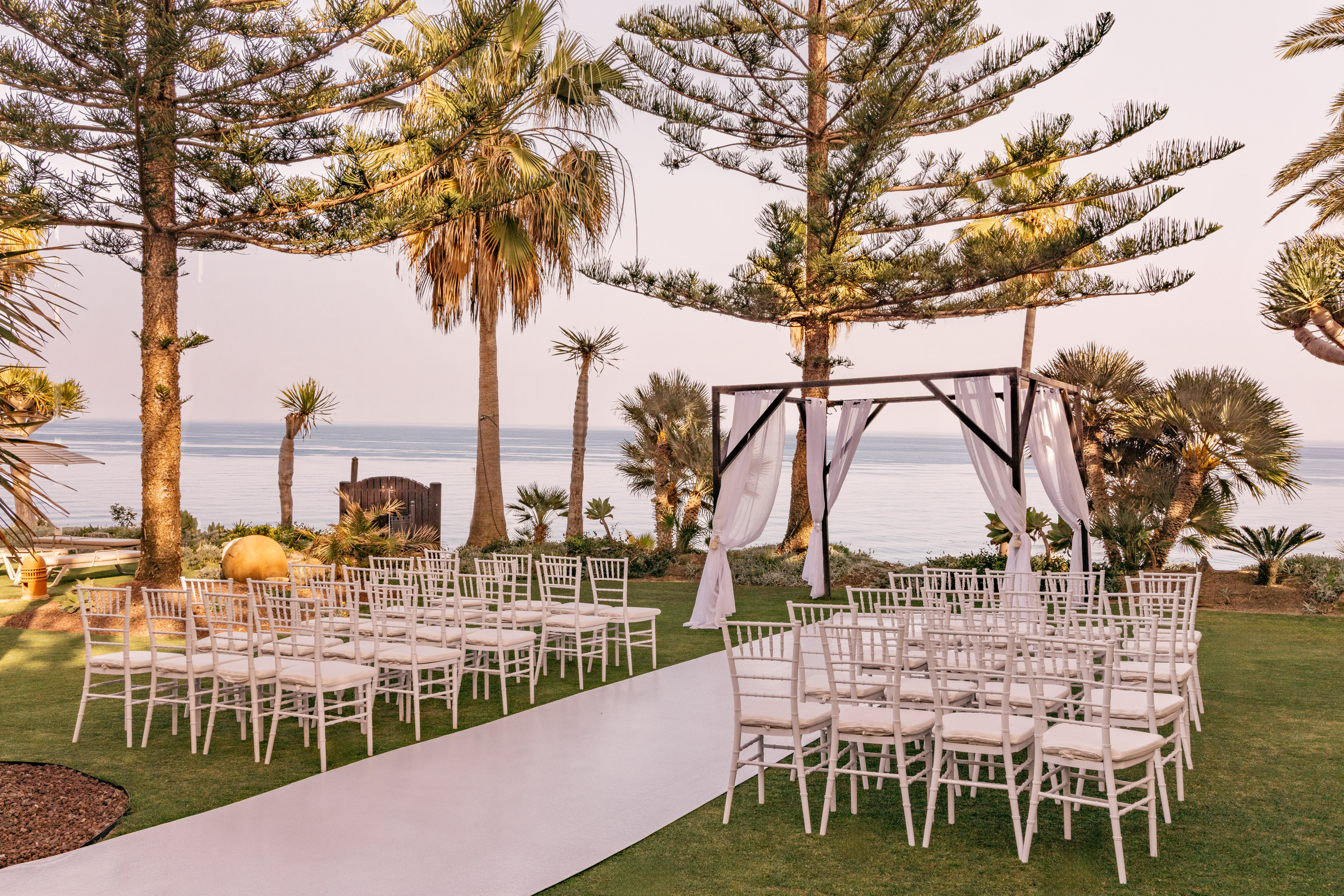 Oceanfront wedding ceremony with white chairs, arch, and palm trees.