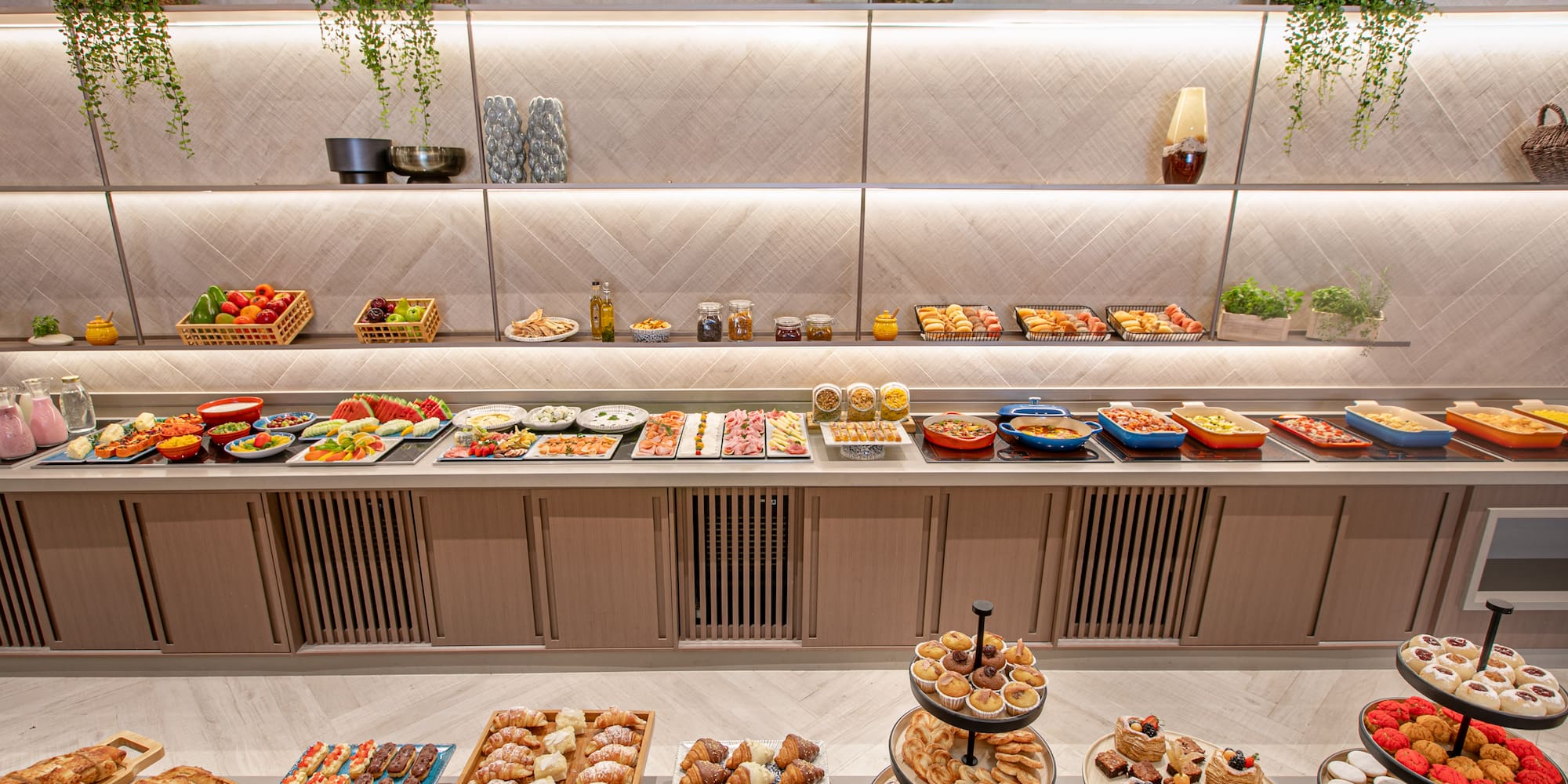 a buffet with food on the shelves