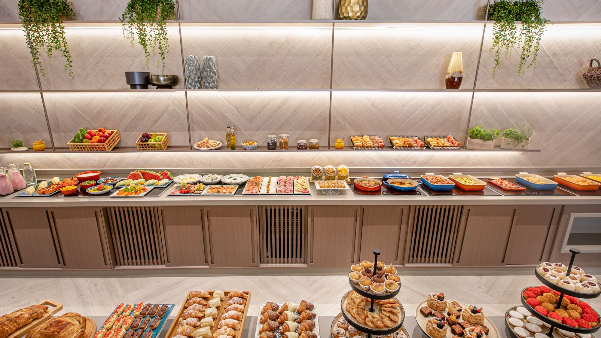 a buffet with food on the shelves