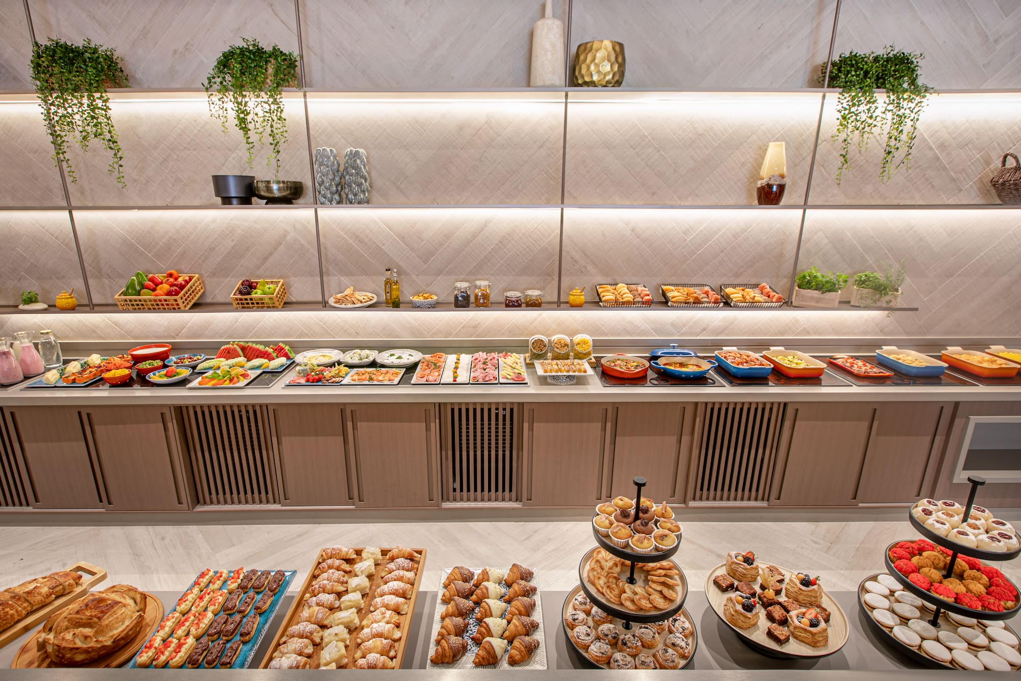 a buffet with food on the shelves