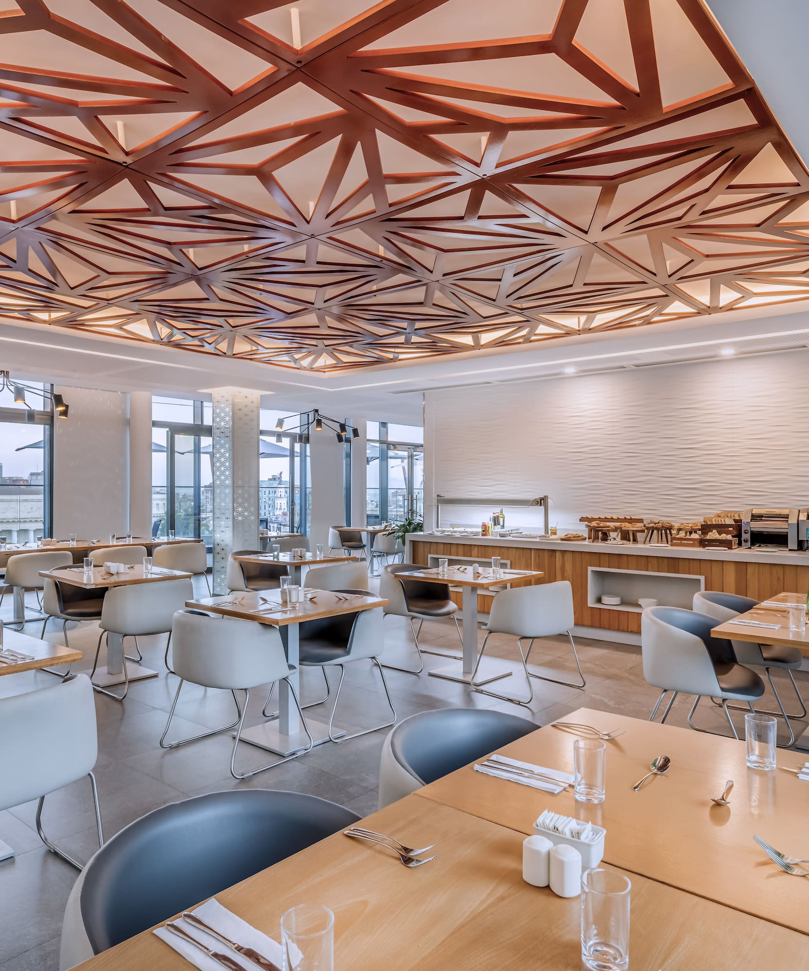 a room with tables and chairs