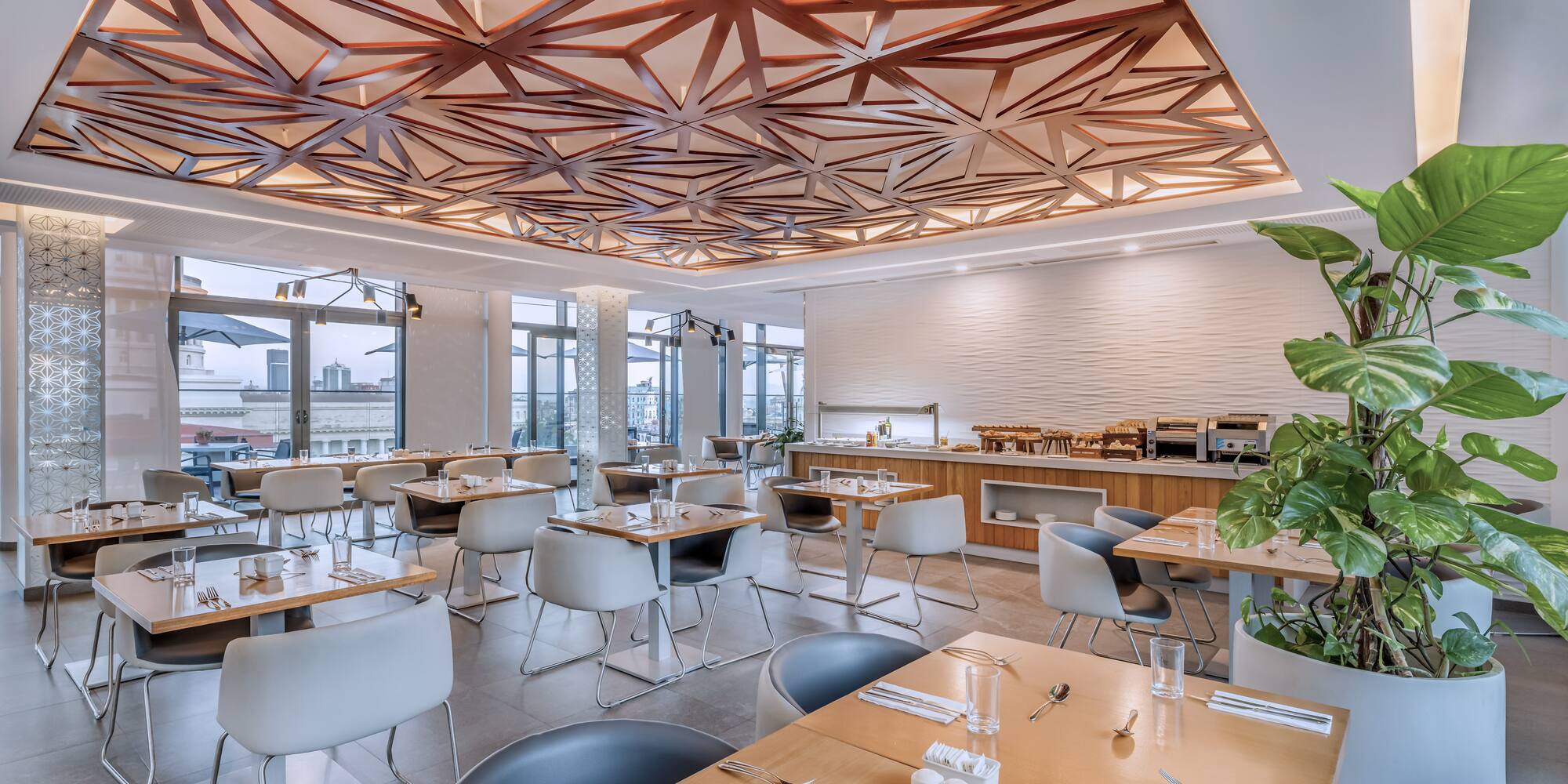 a room with tables and chairs