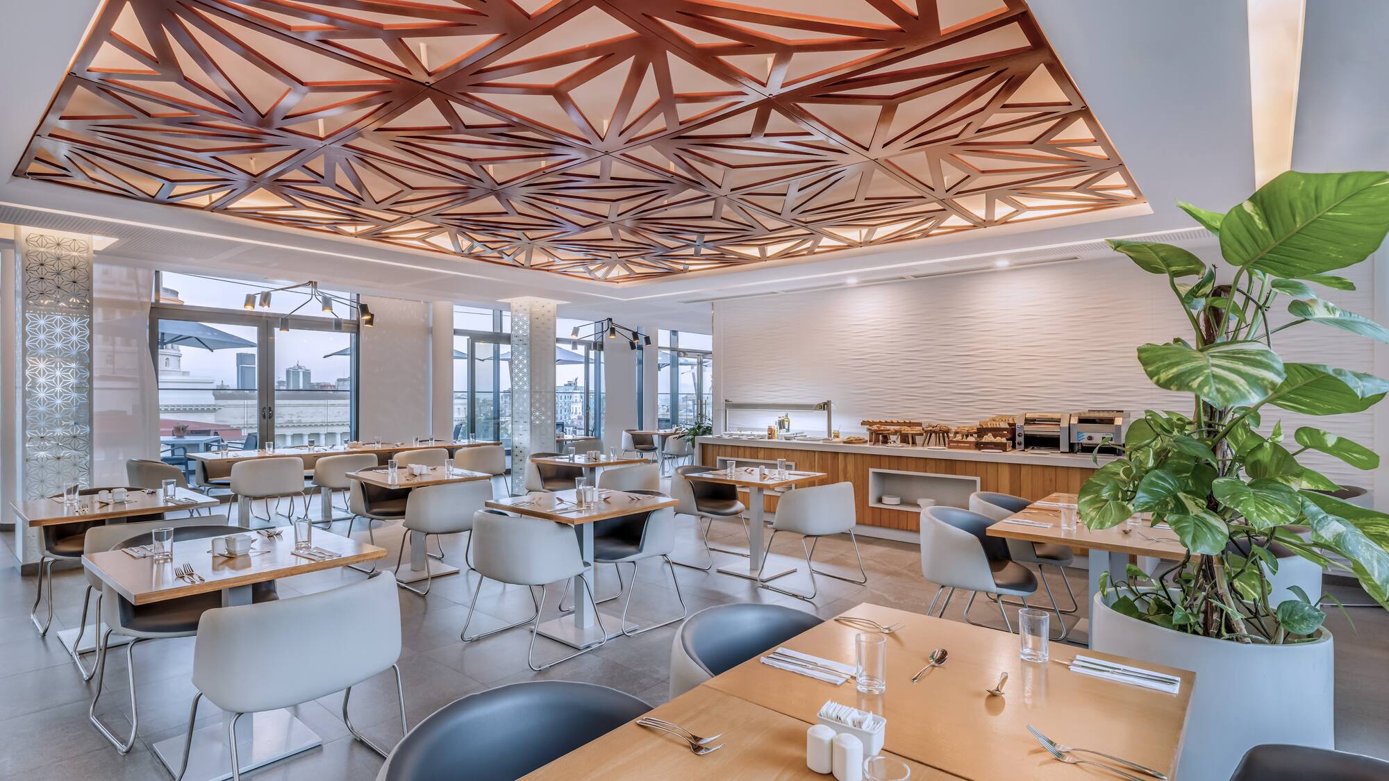 a room with tables and chairs