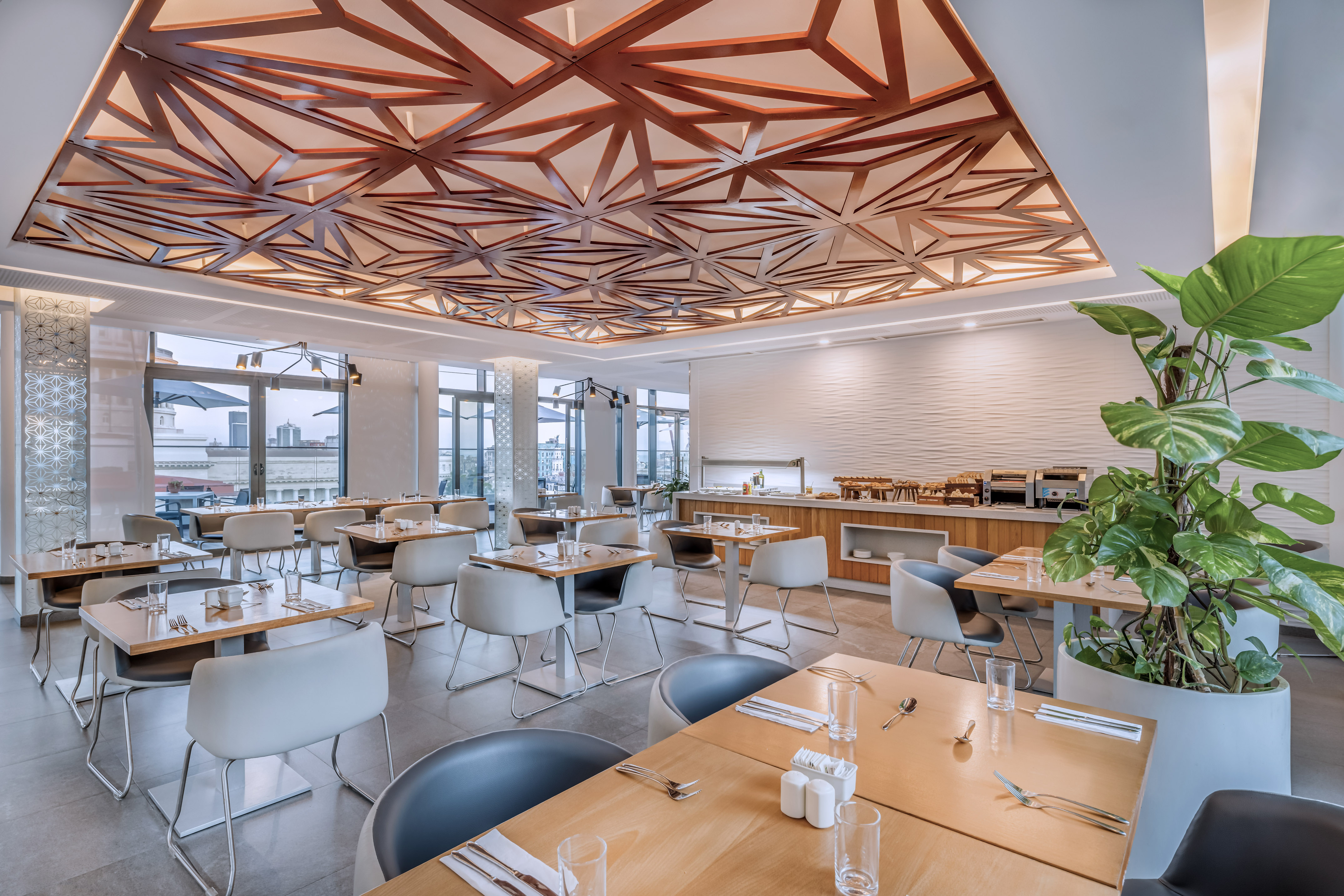 a room with tables and chairs