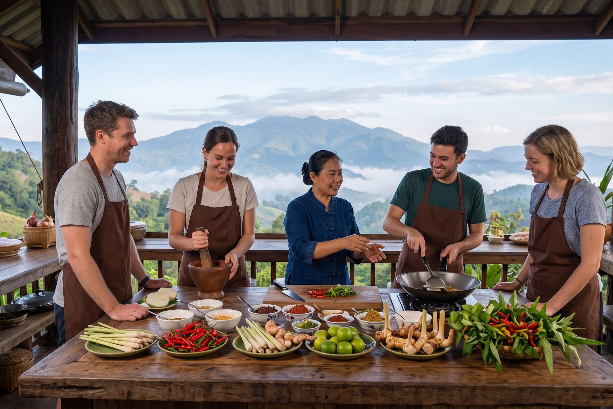 Outdoor Thai cooking class with a chef and mountain views.