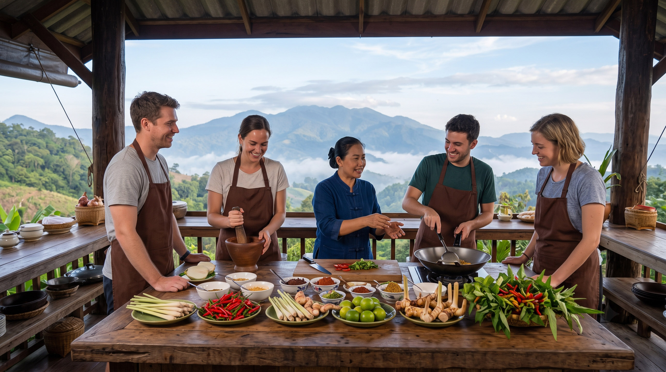 Outdoor Thai cooking class with a chef and mountain views.