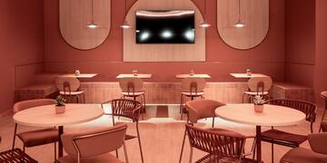 a room with tables and chairs