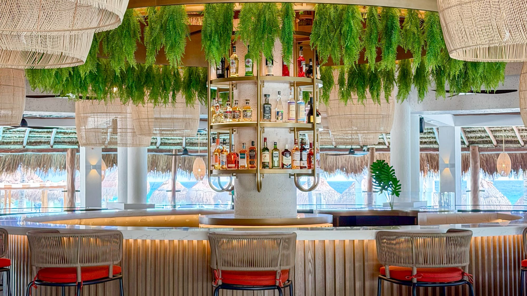 Modern tropical bar with hanging ferns, liquor display, and ocean view.