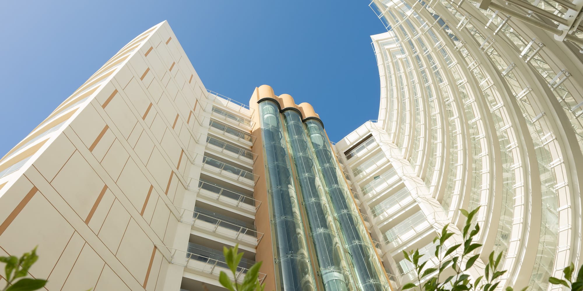 a building with glass elevator