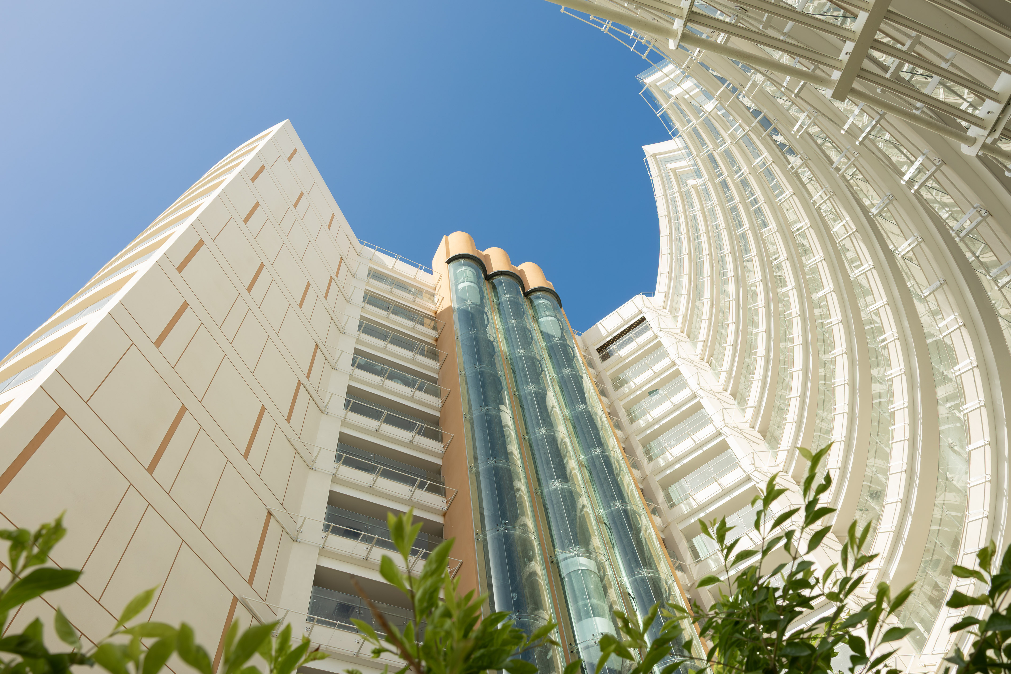 Blue sky frames modern buildings with glass elevators and a curved white facade.