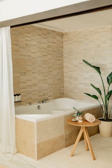 a bathtub and a plant in a bathroom