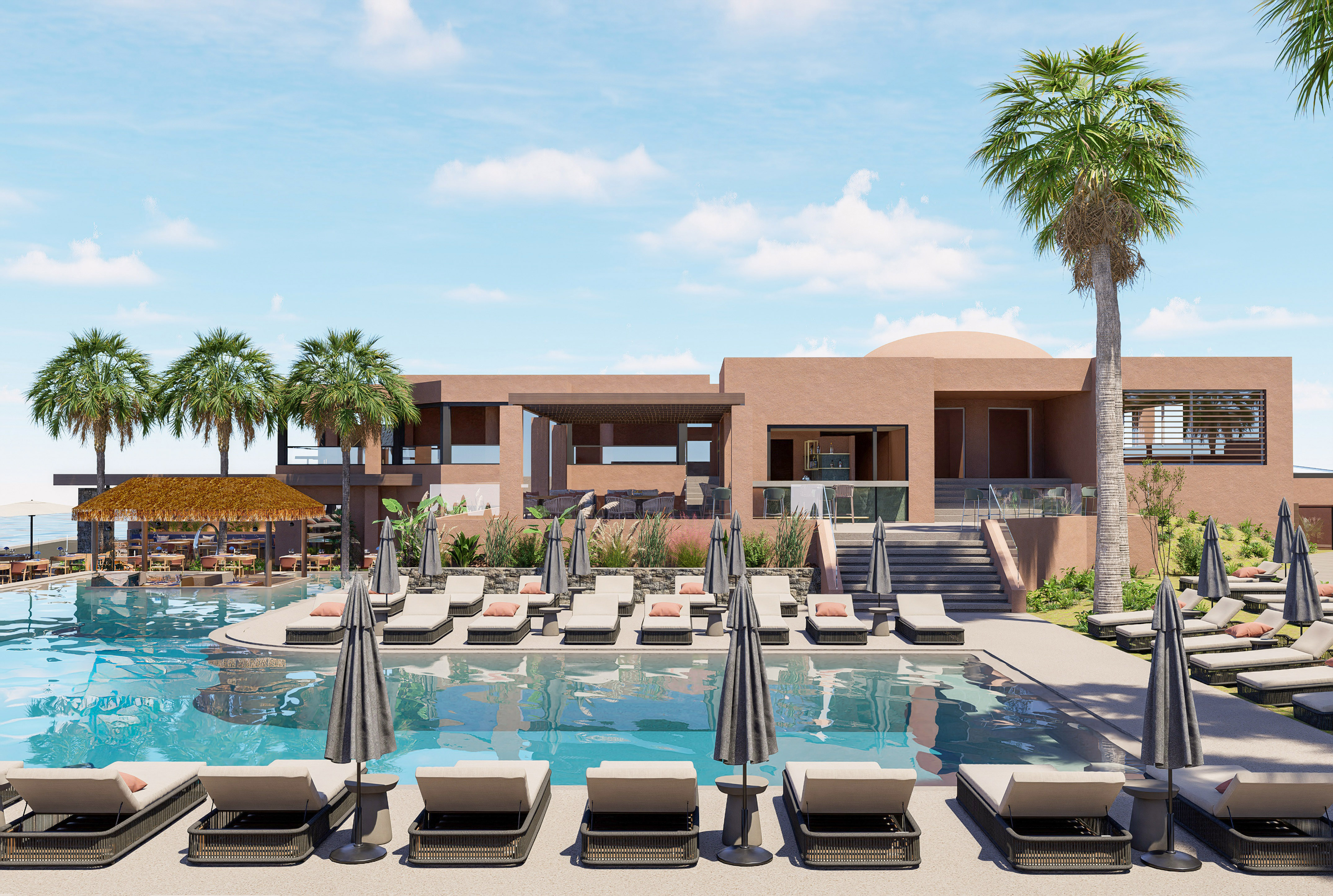 Modern resort pool area with sun loungers, palm trees, and outdoor bar.