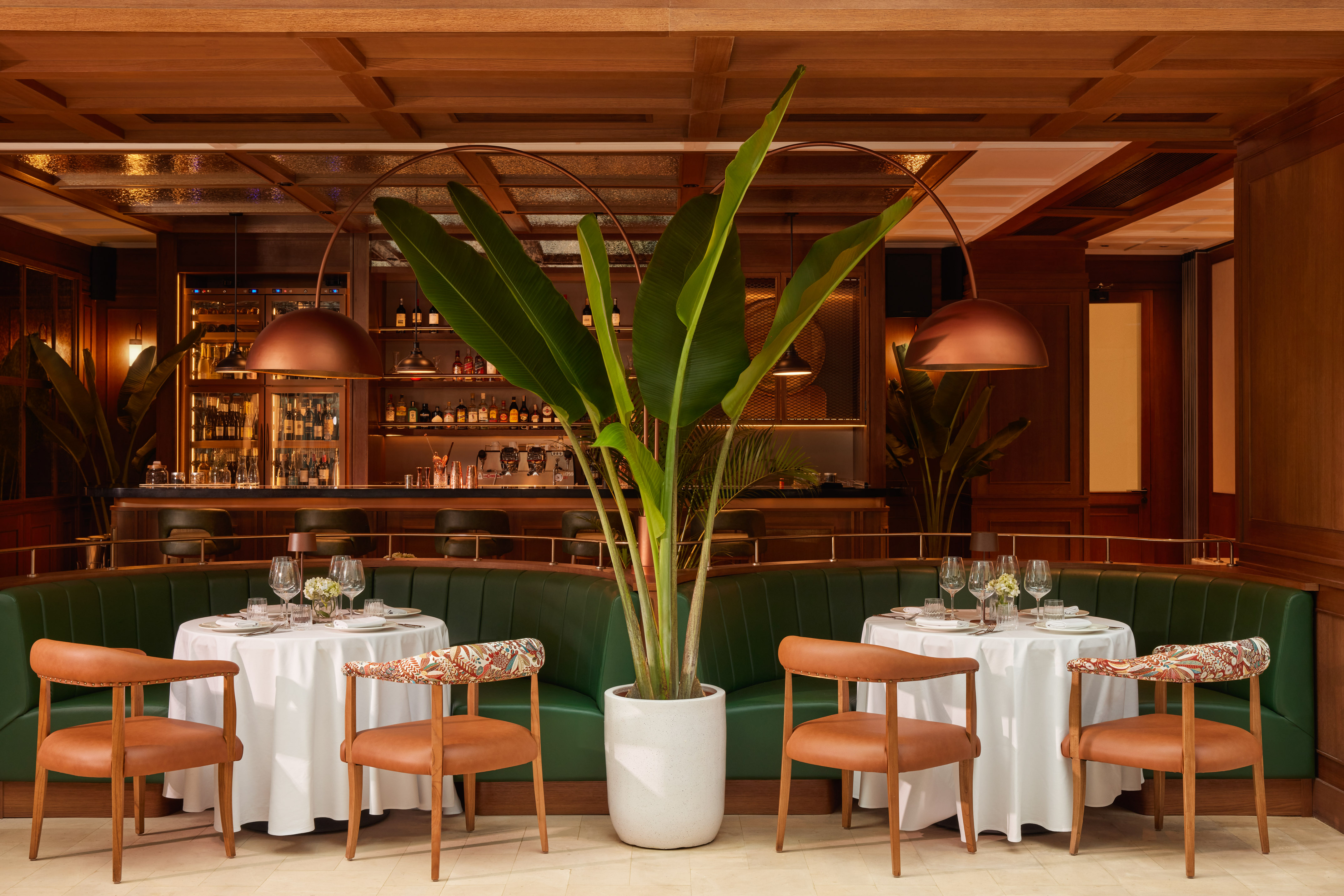 Luxury restaurant interior, green banquettes, leather chairs, bar, and plant.