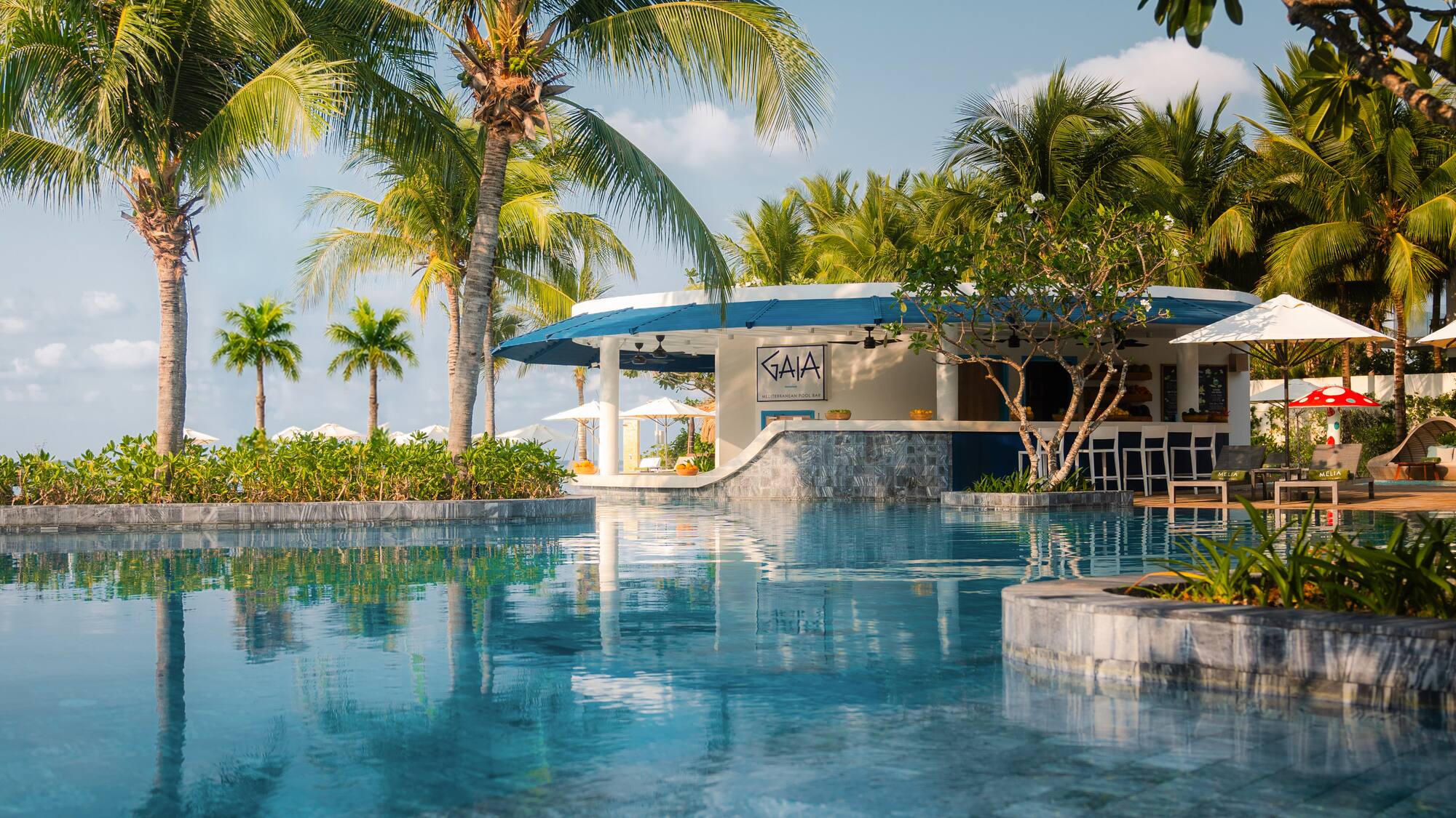 Tropical resort pool with Gaia Mediterranean Pool Bar and lush palm trees.