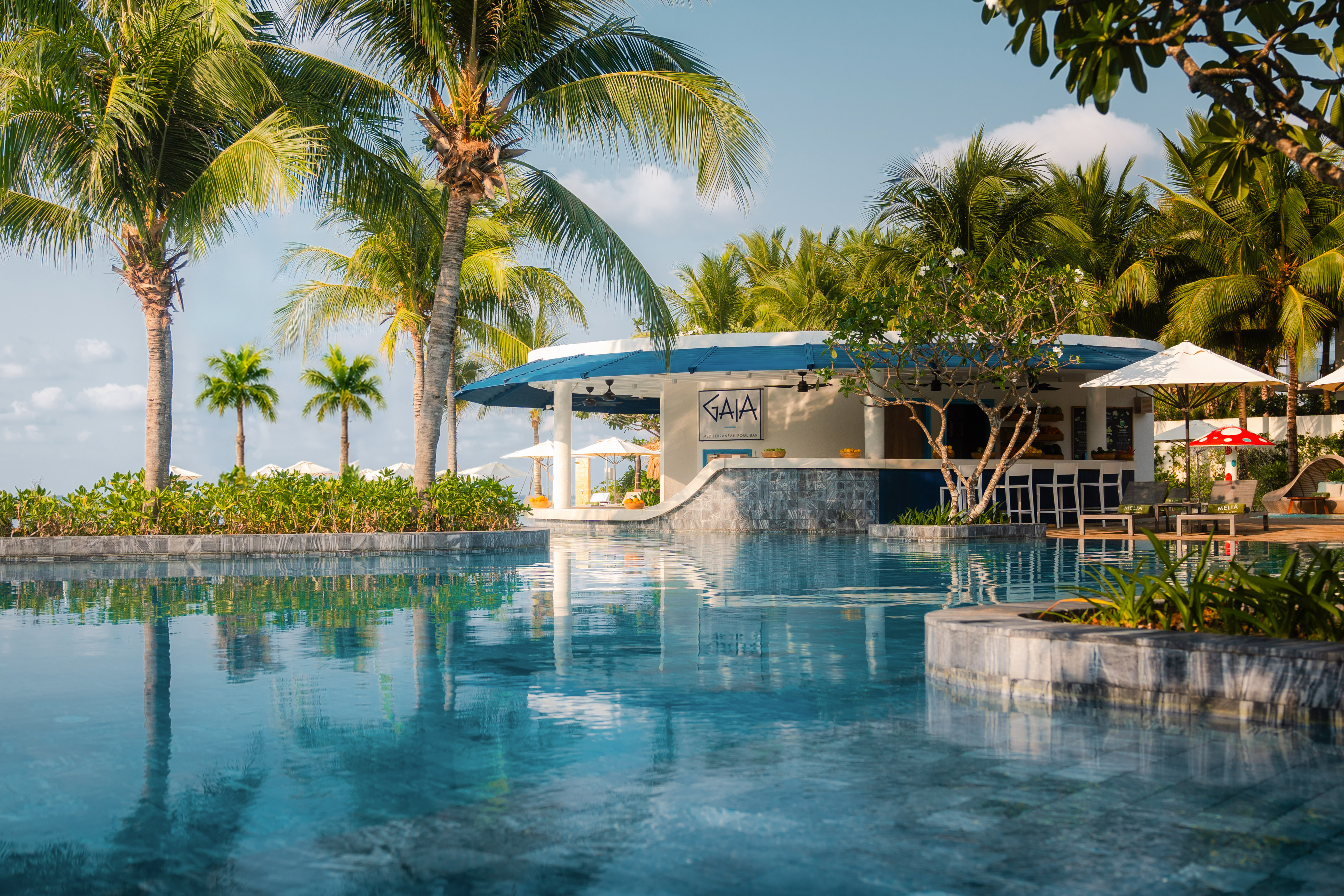 Tropical resort pool with Gaia Mediterranean Pool Bar and lush palm trees.