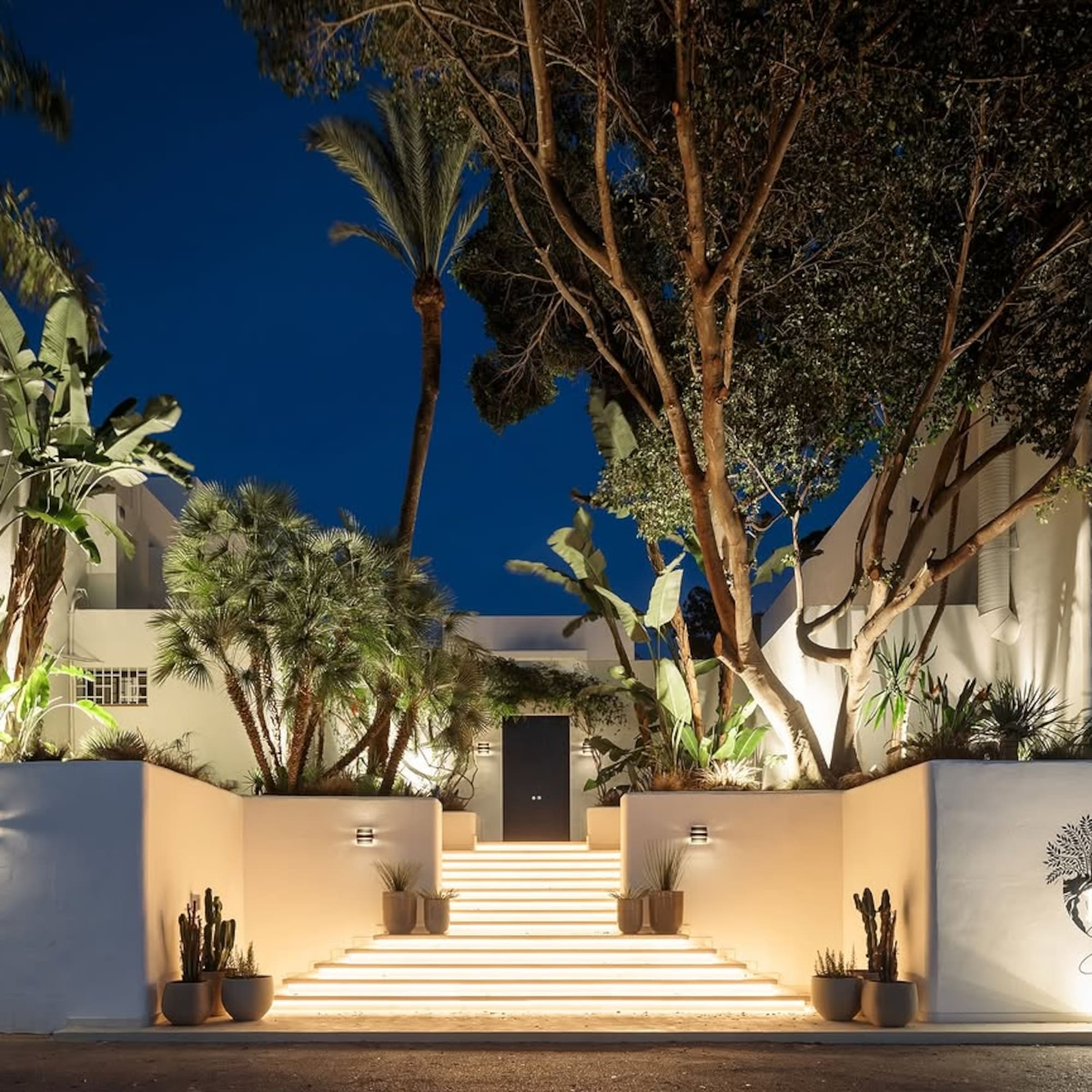 a white building with trees and stairs