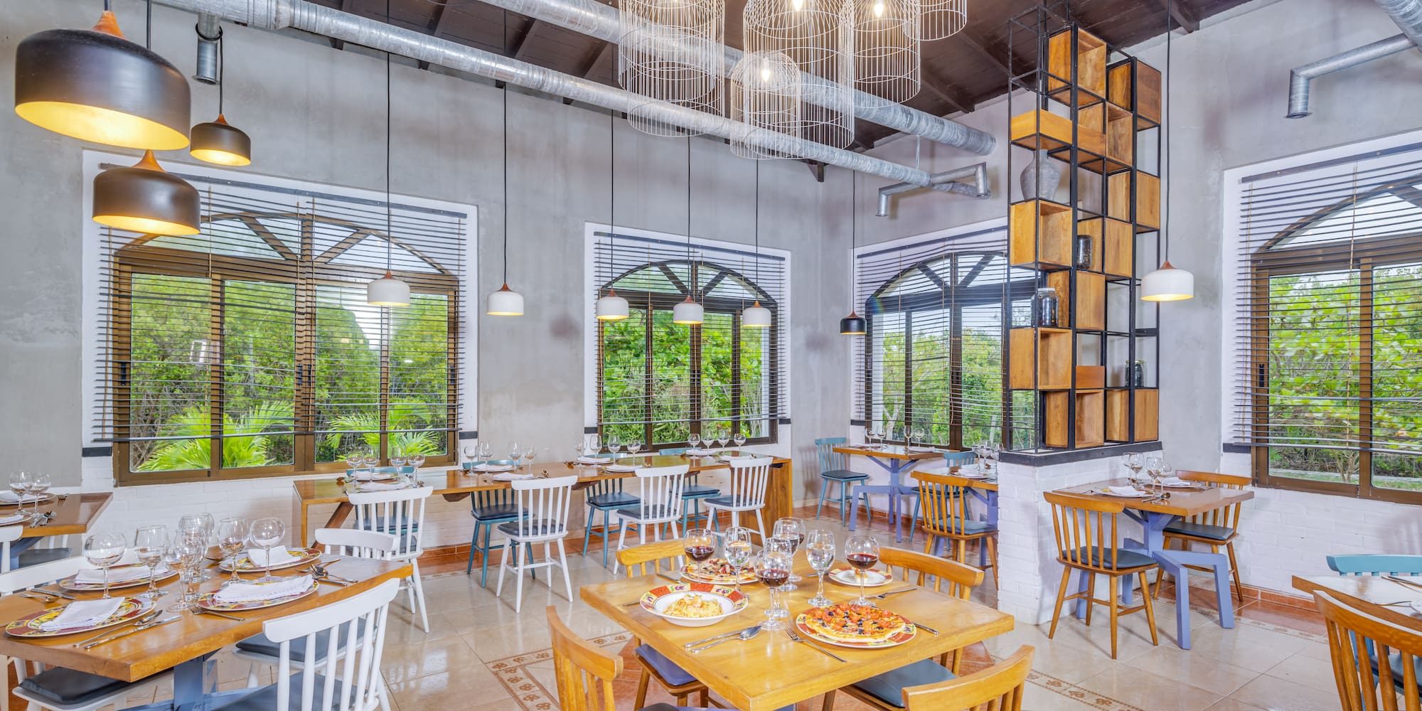 a room with tables and chairs