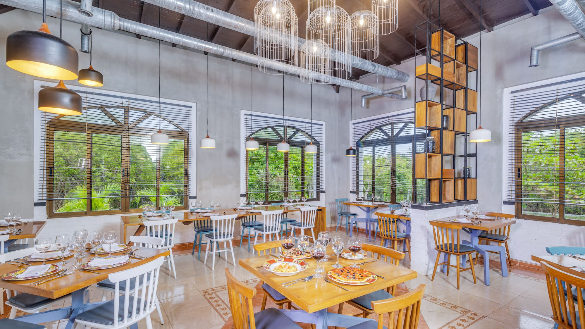 a room with tables and chairs