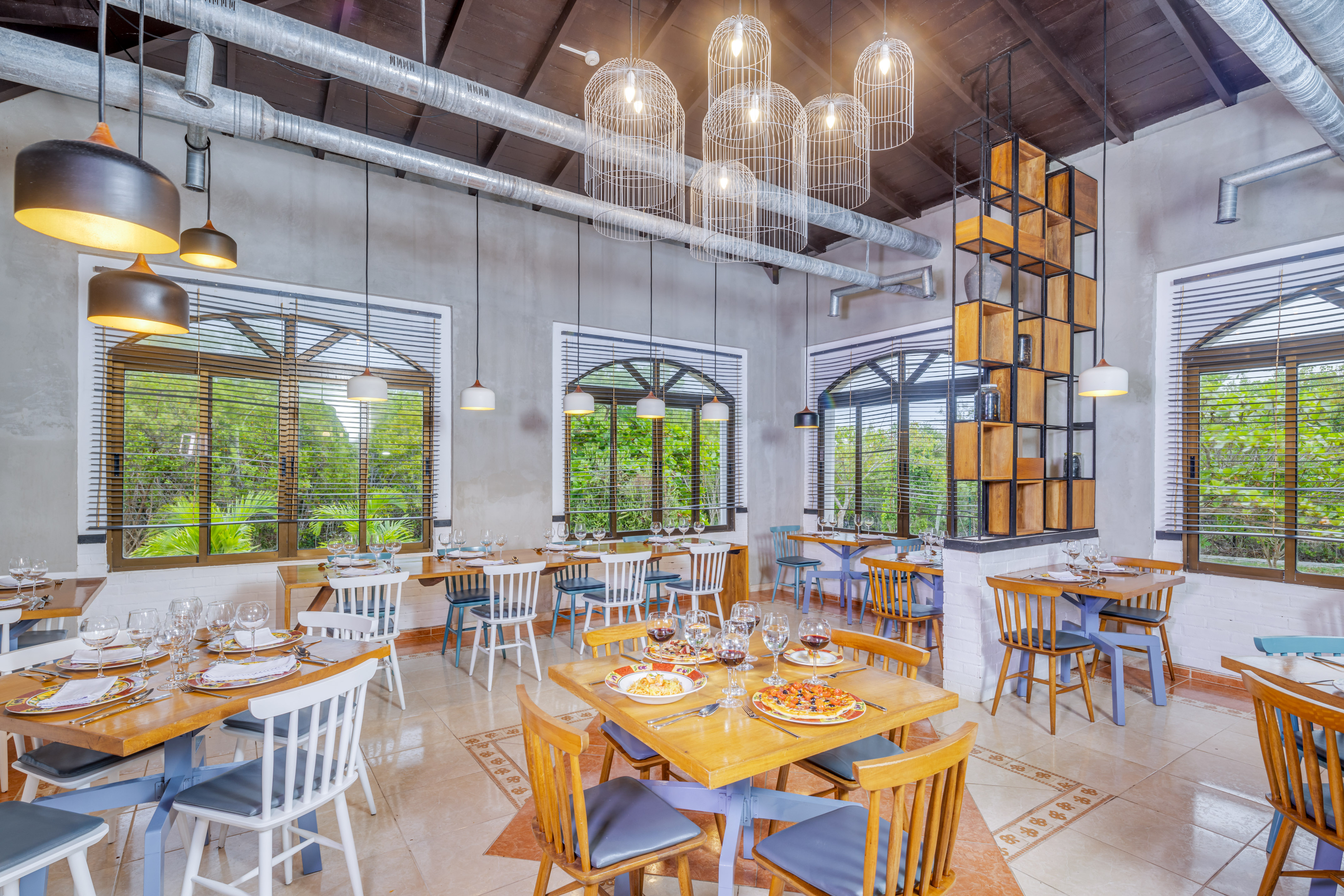 a room with tables and chairs