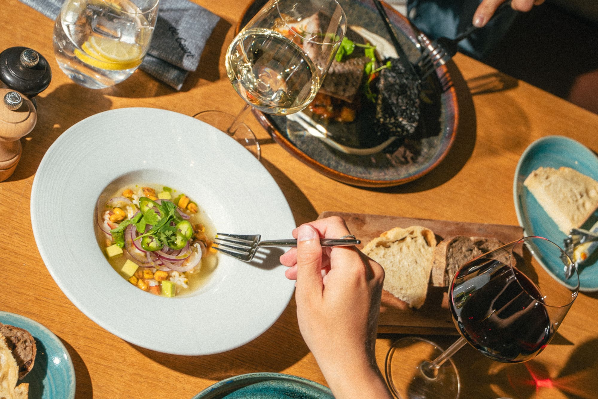 a group of people eating at a table