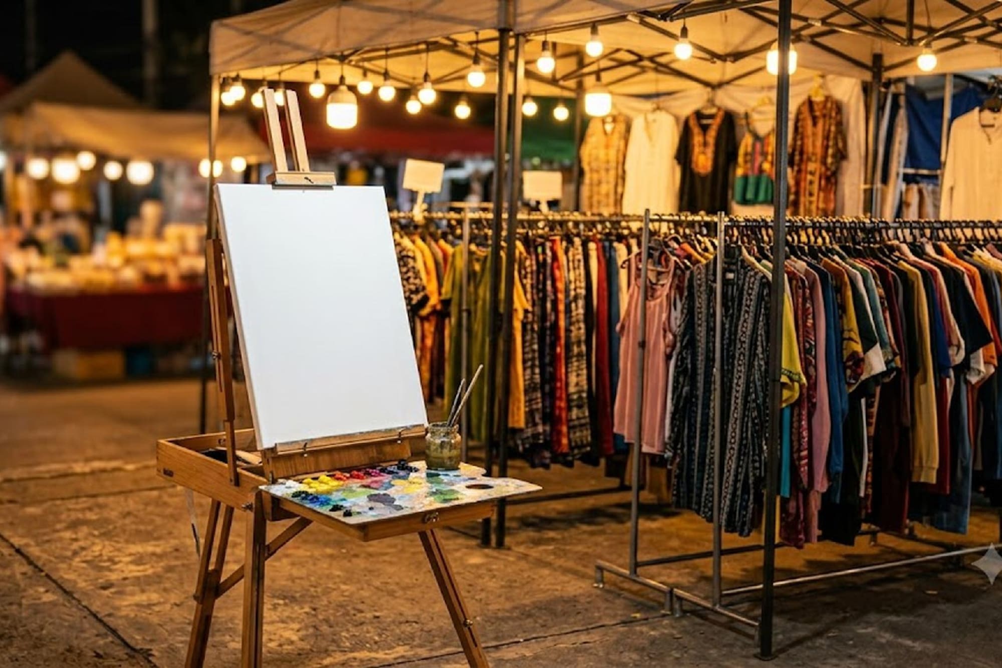 Easel with canvas and palette next to clothing racks at a vibrant night market.