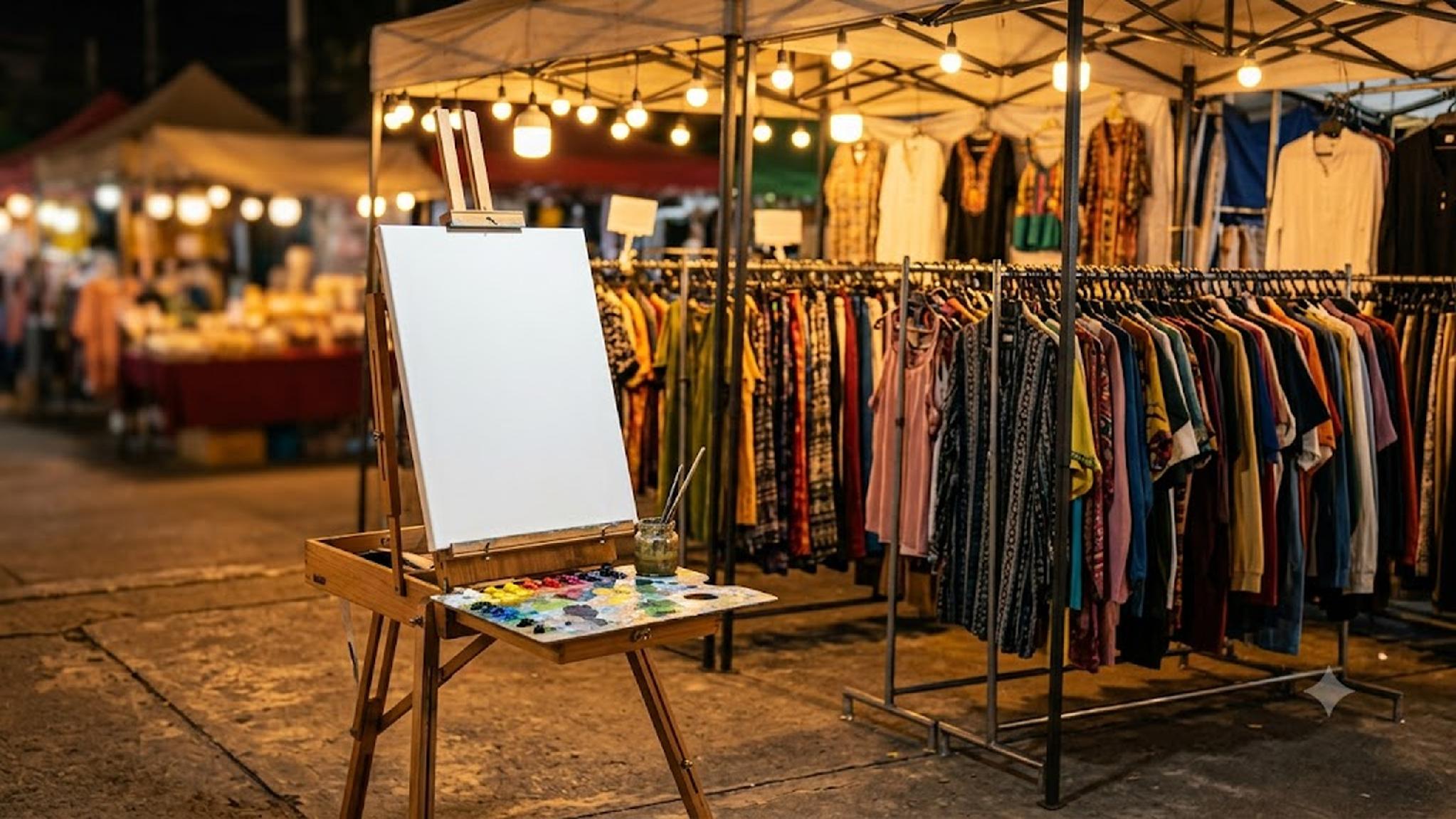 Easel with canvas and palette next to clothing racks at a vibrant night market.