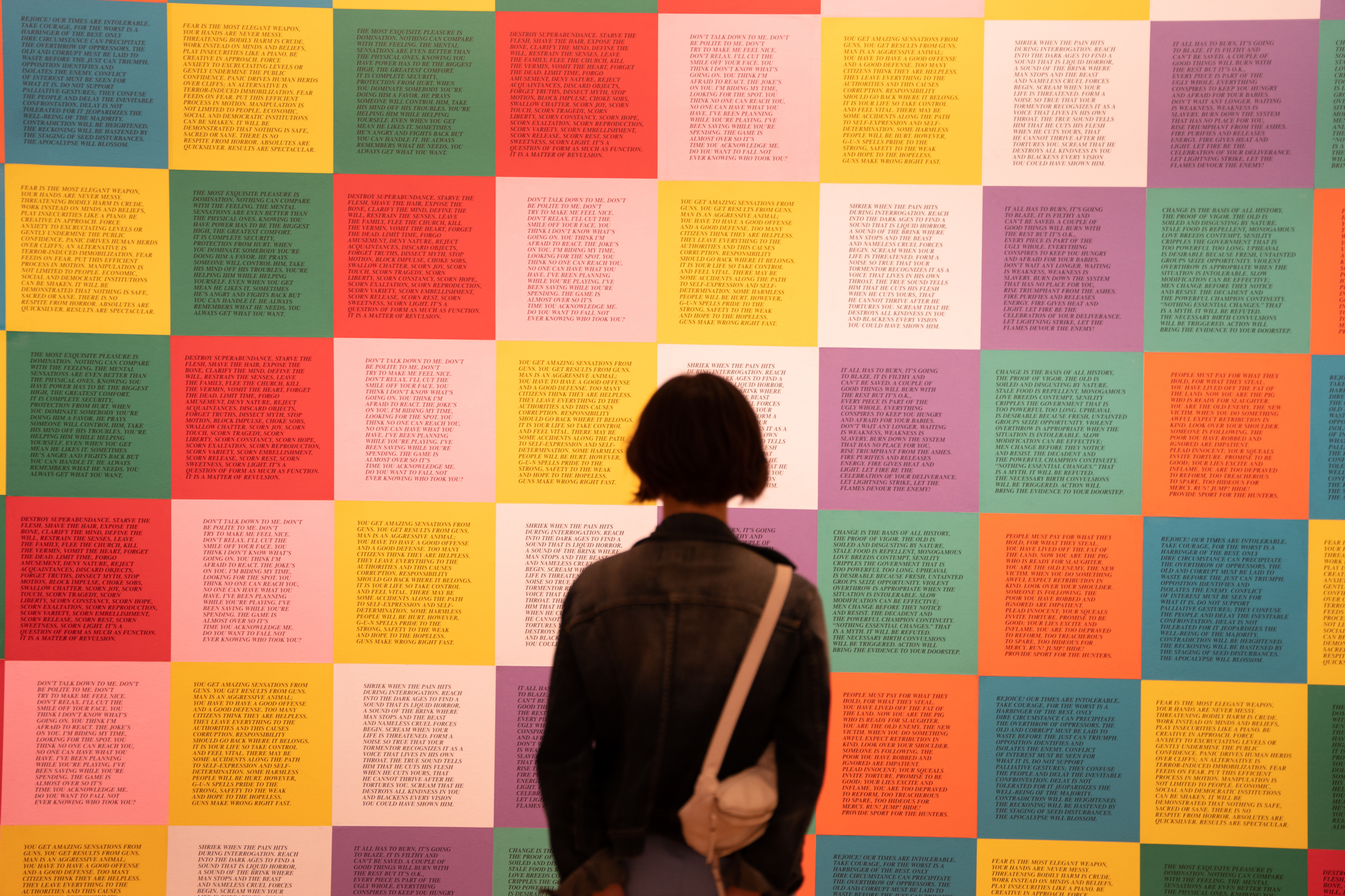 a person stands before a wall of vibrant squares