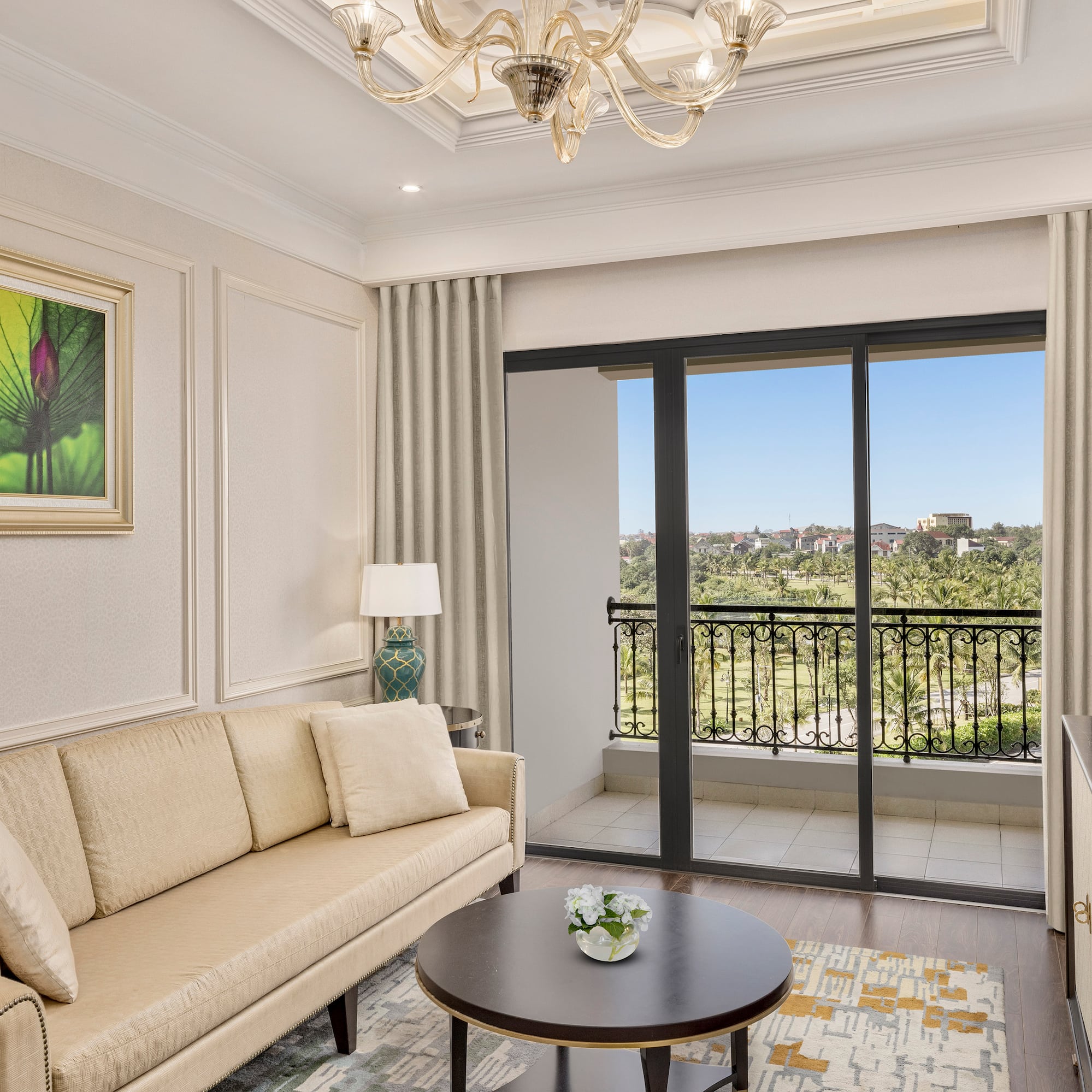 a living room with a couch and a table