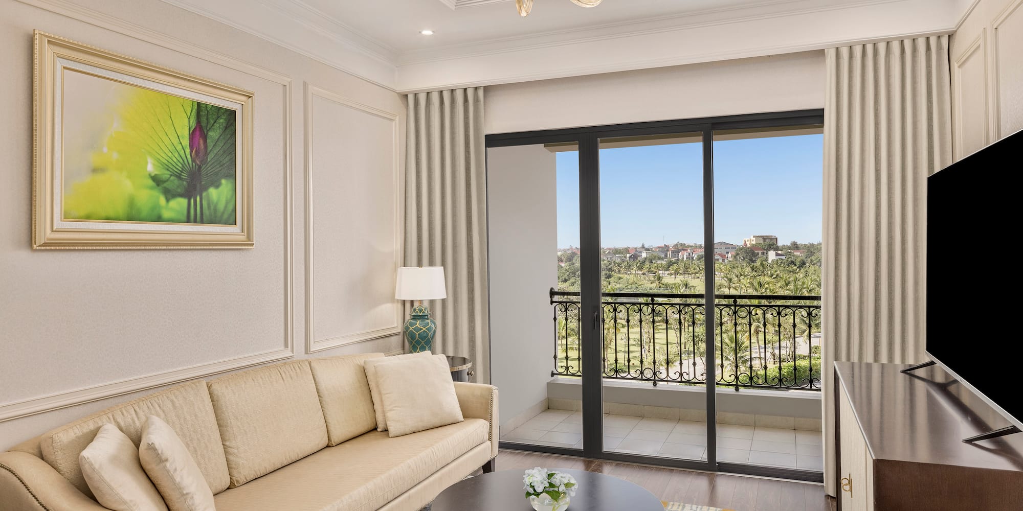 a living room with a couch and a table