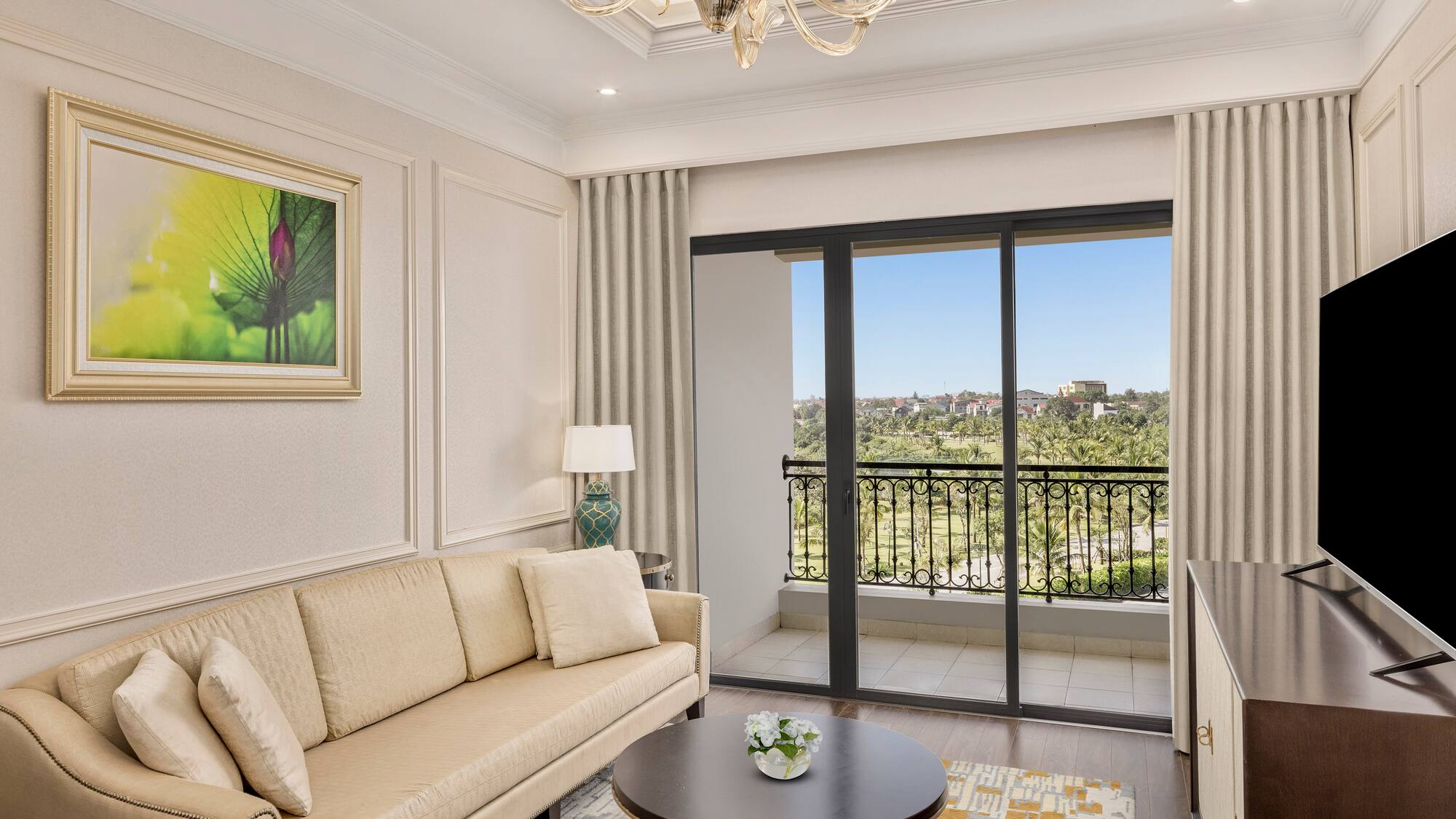 a living room with a couch and a table