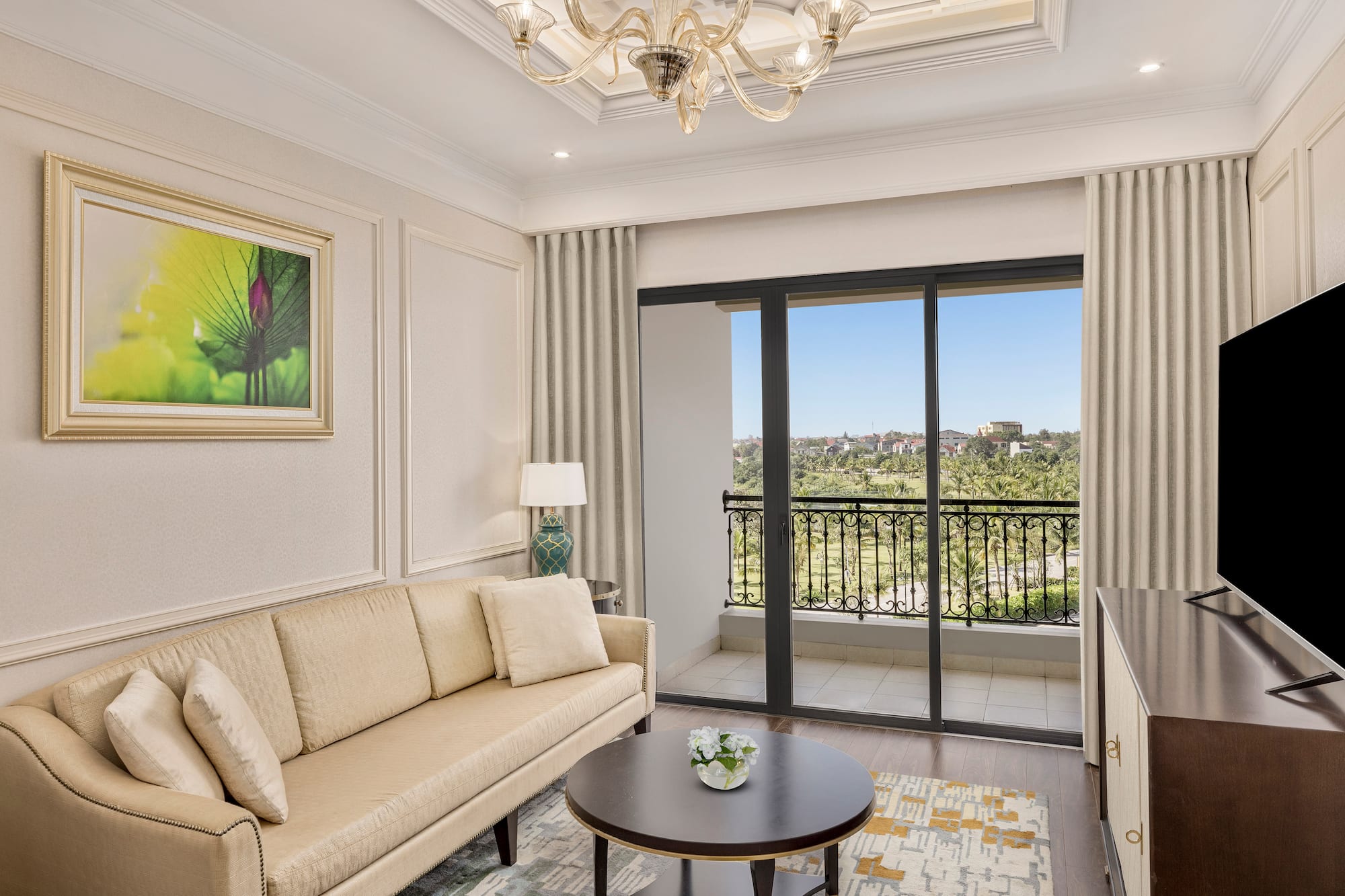 a living room with a couch and a table