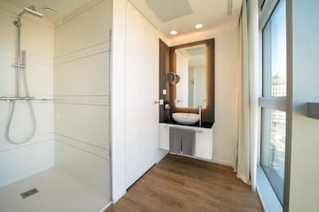 a bathroom with a mirror and a sink