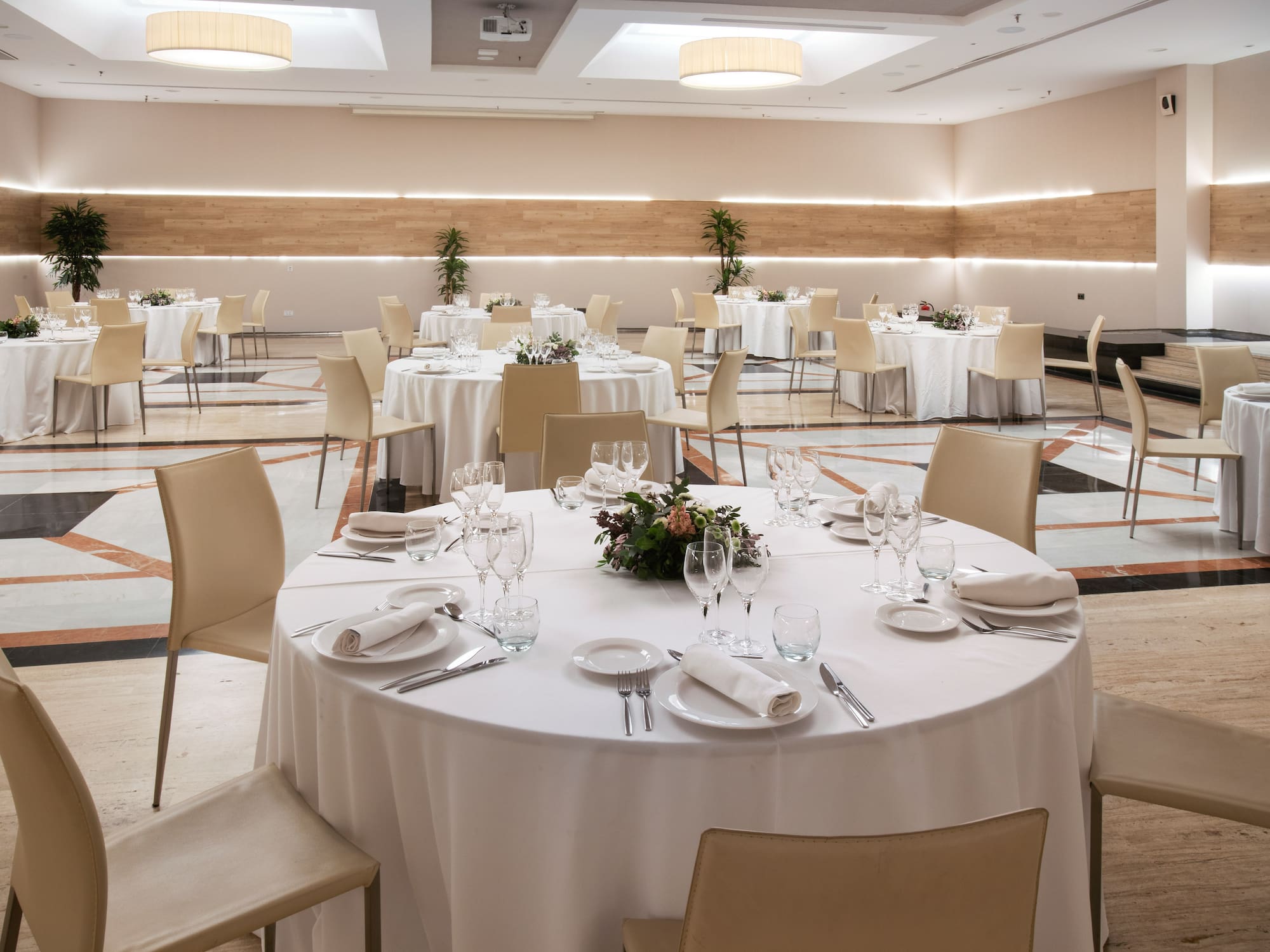 a room with tables and chairs