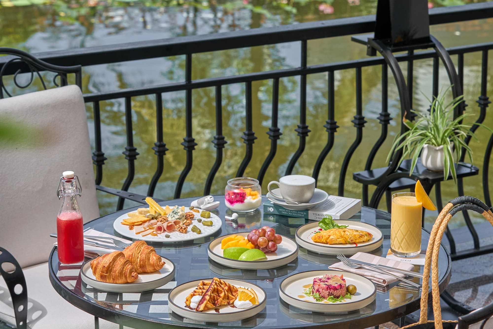 a table with plates of food on it