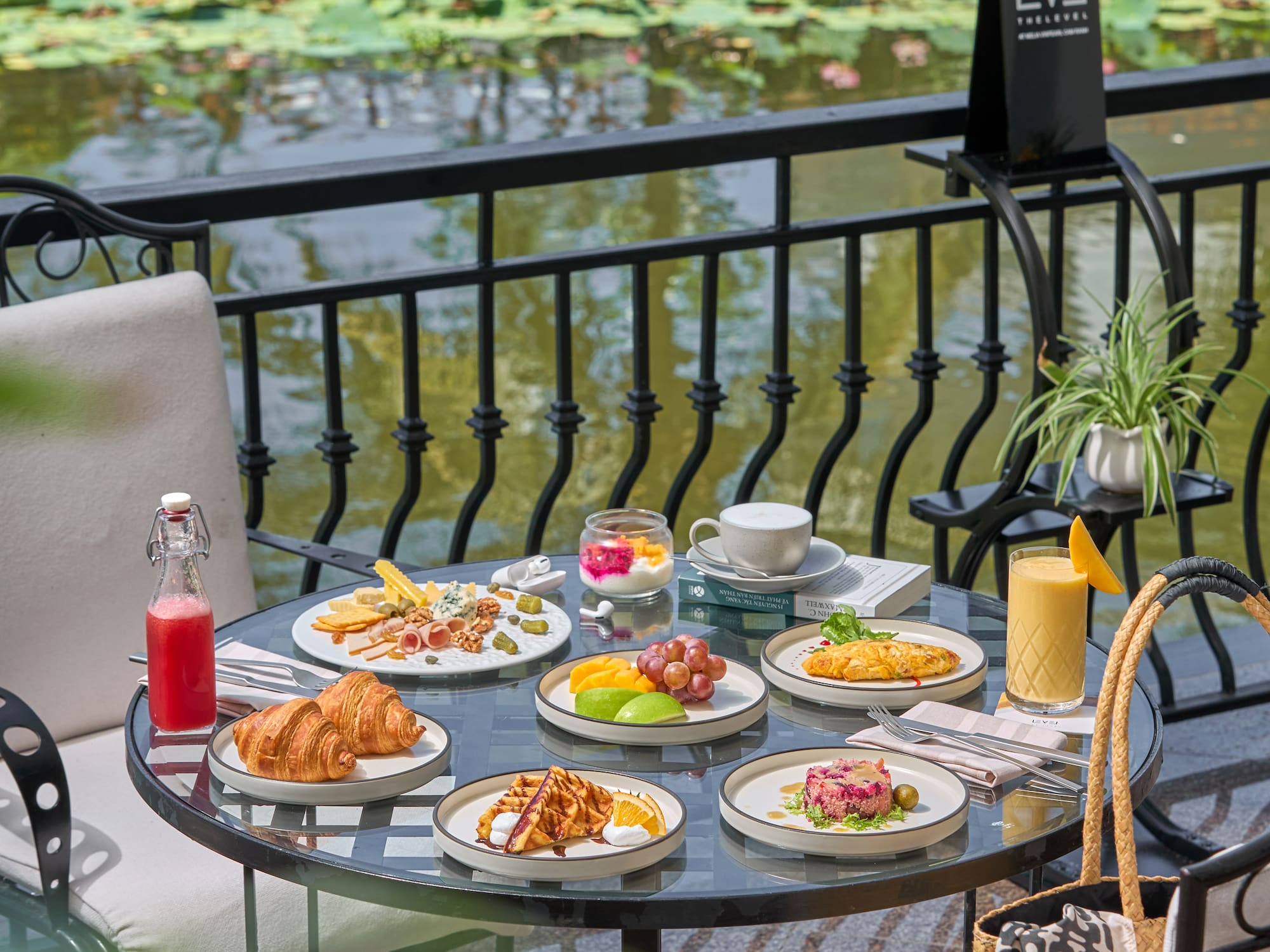 a table with plates of food on it