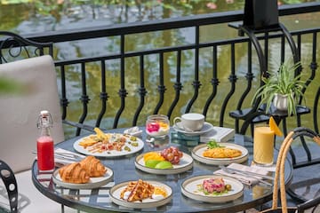 a table with plates of food on it