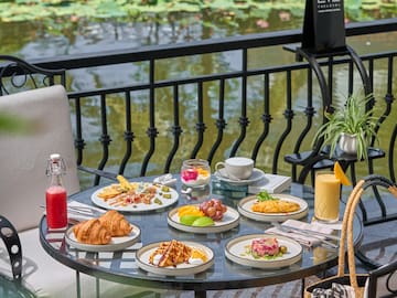 a table with plates of food on it