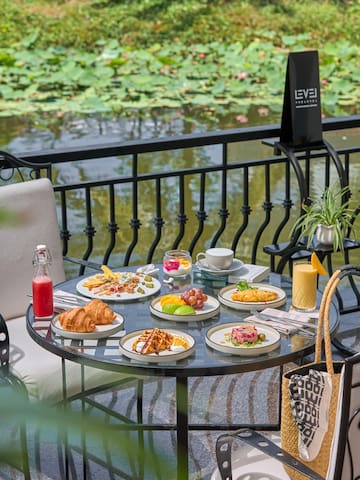 a table with plates of food on it