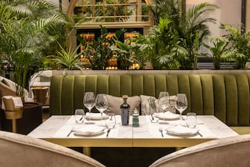 a table set for a dinner with a green couch and plants