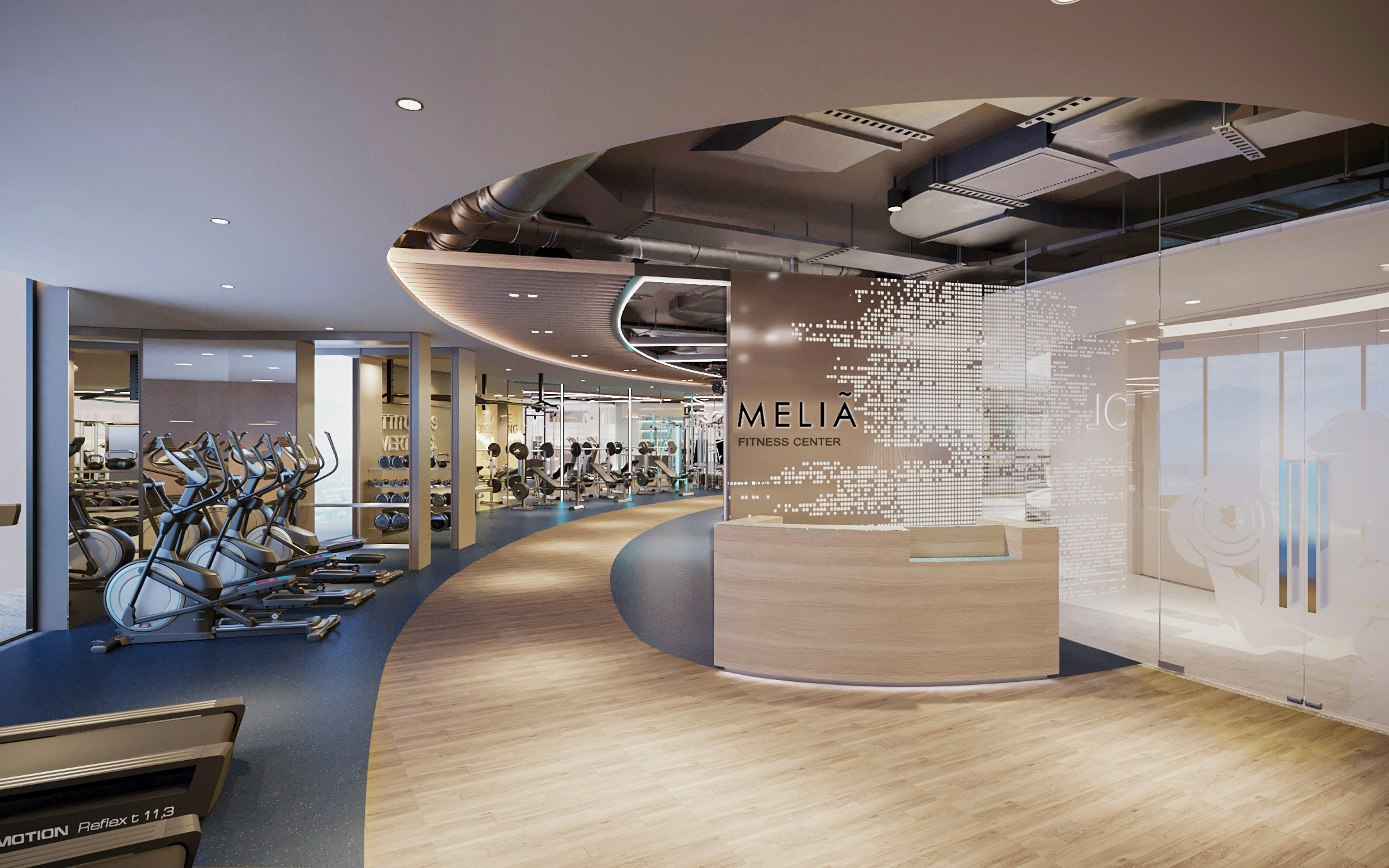 Modern Meliá Fitness Center with cardio machines, weights, and reception area.