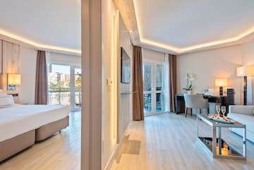 a room with a bed and a desk