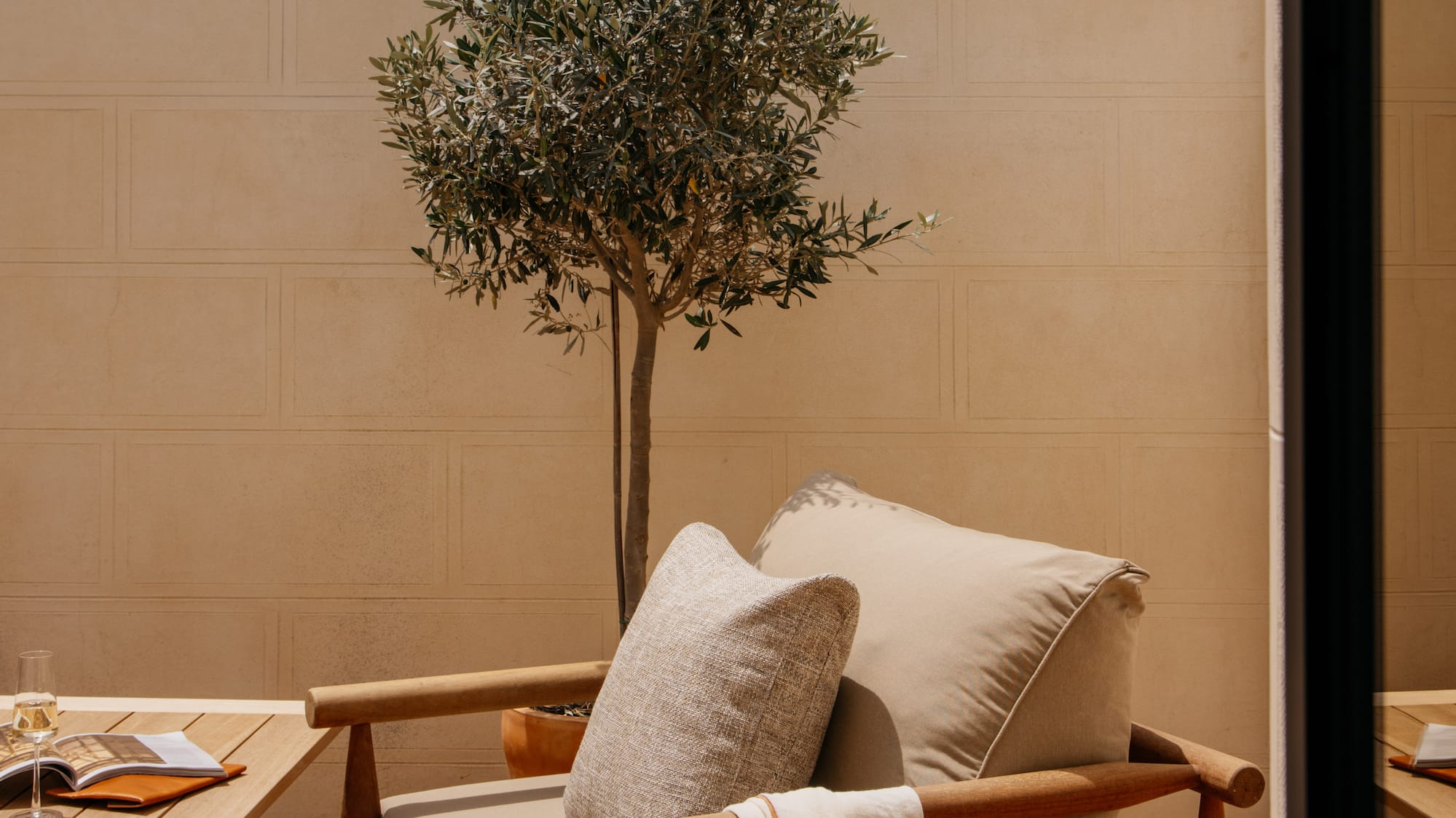 a chair and table on a deck