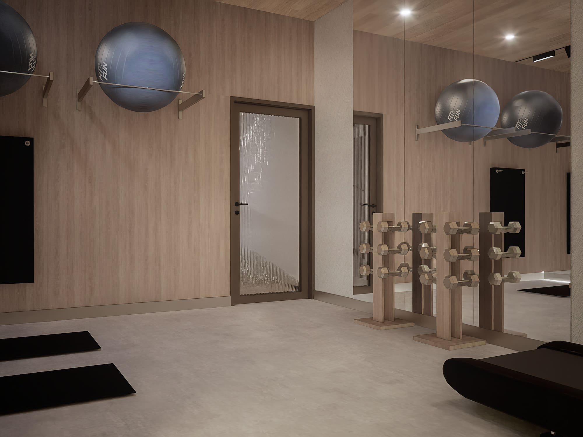a room with exercise equipment and a door