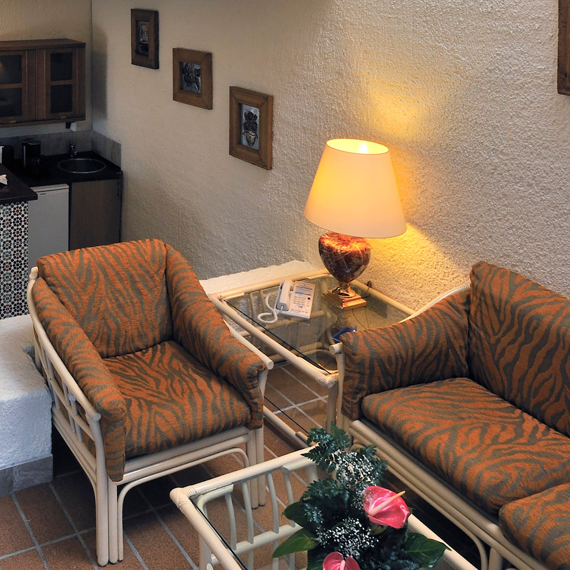 a room with a table and chairs