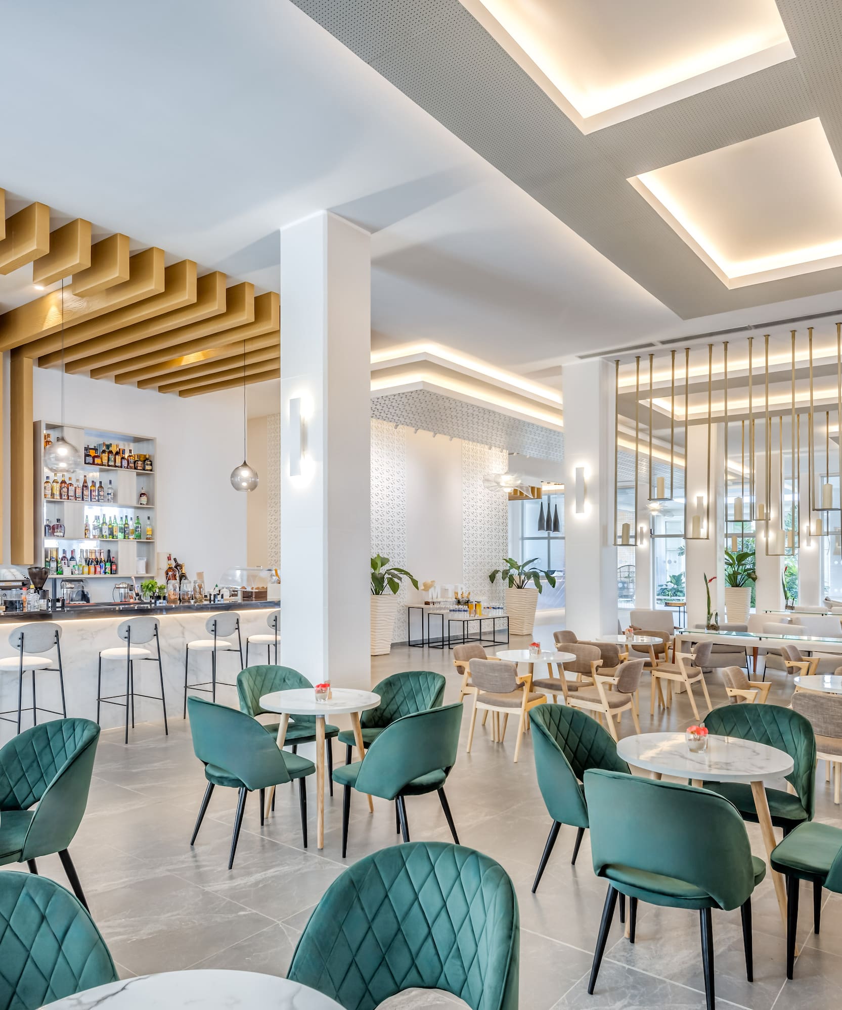 a room with tables and chairs