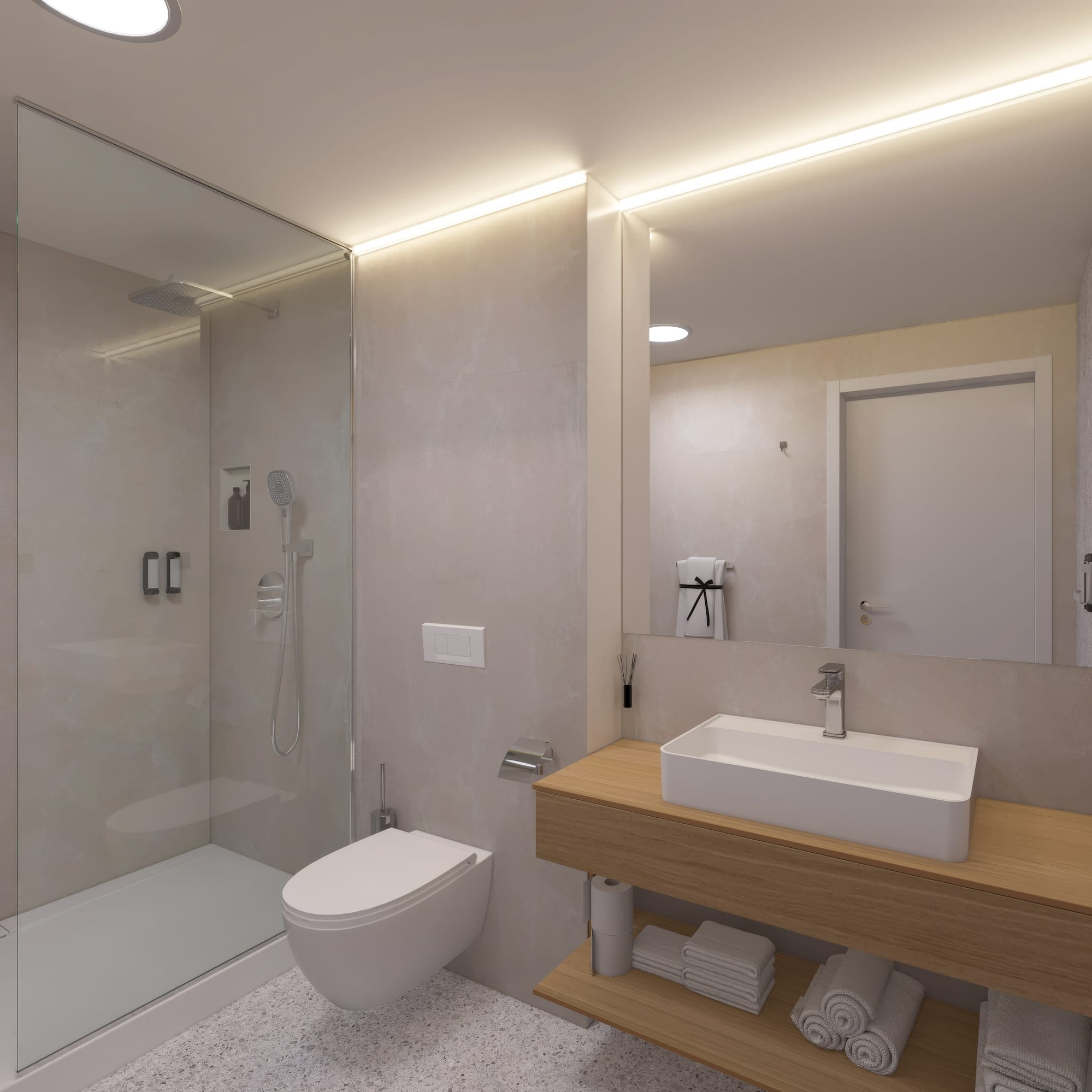 a bathroom with a shower and sink