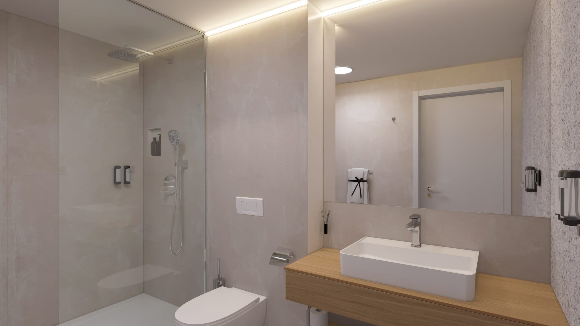 a bathroom with a shower and sink