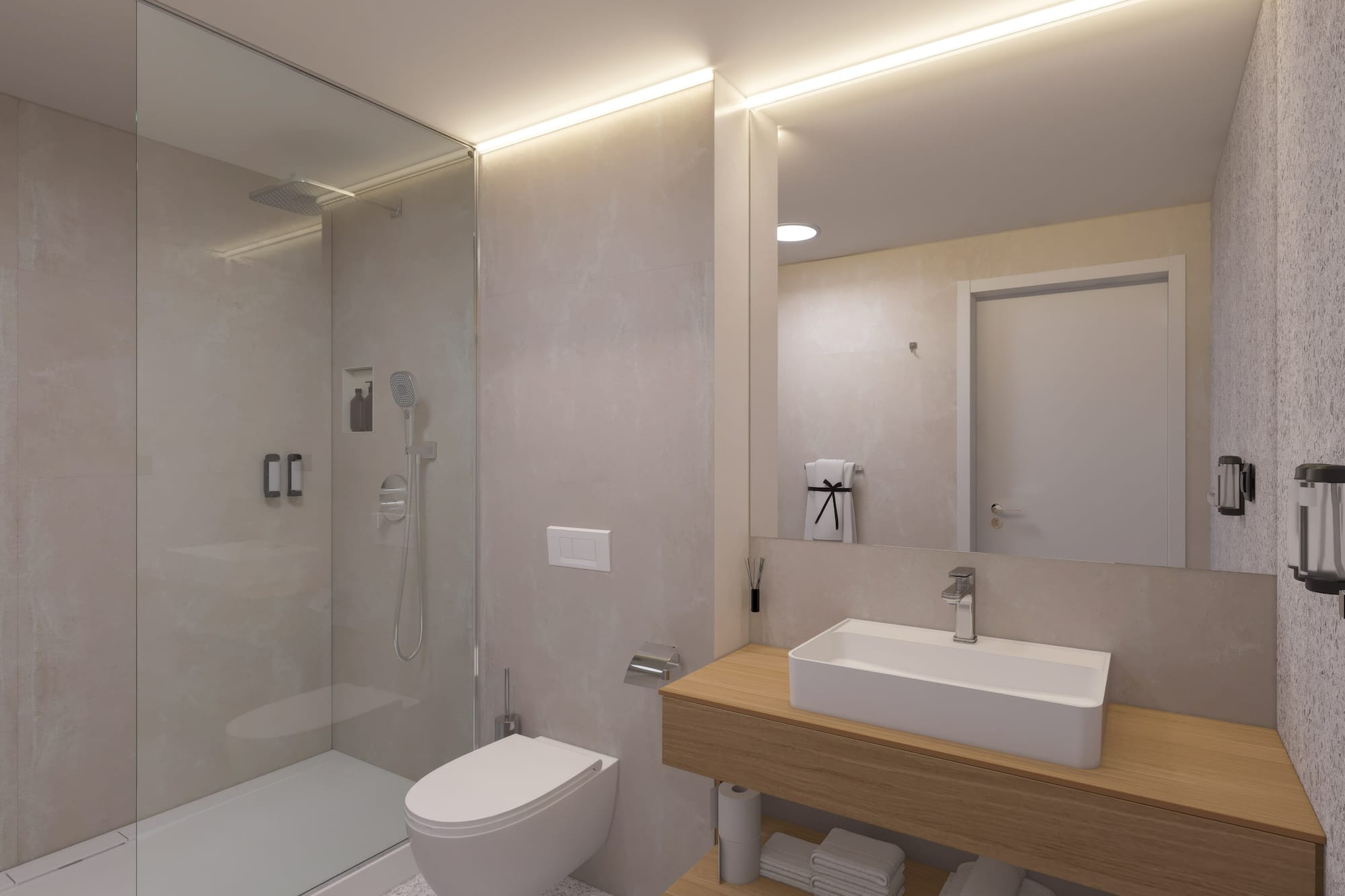 a bathroom with a shower and sink