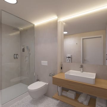 a bathroom with a shower and sink